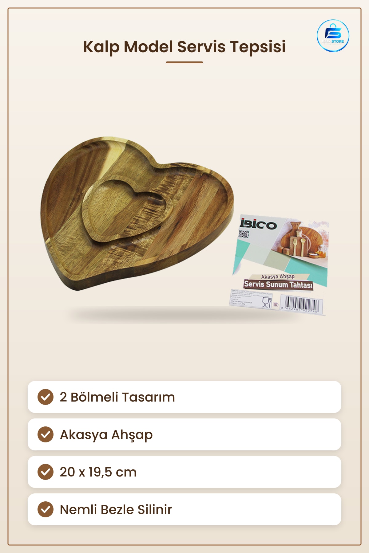 Ahşap Bambu Kalp Model Servis Tepsisi 2 Bölmeli Akasya 20x19,5 cm Aperatif Meze Peynir Sunum