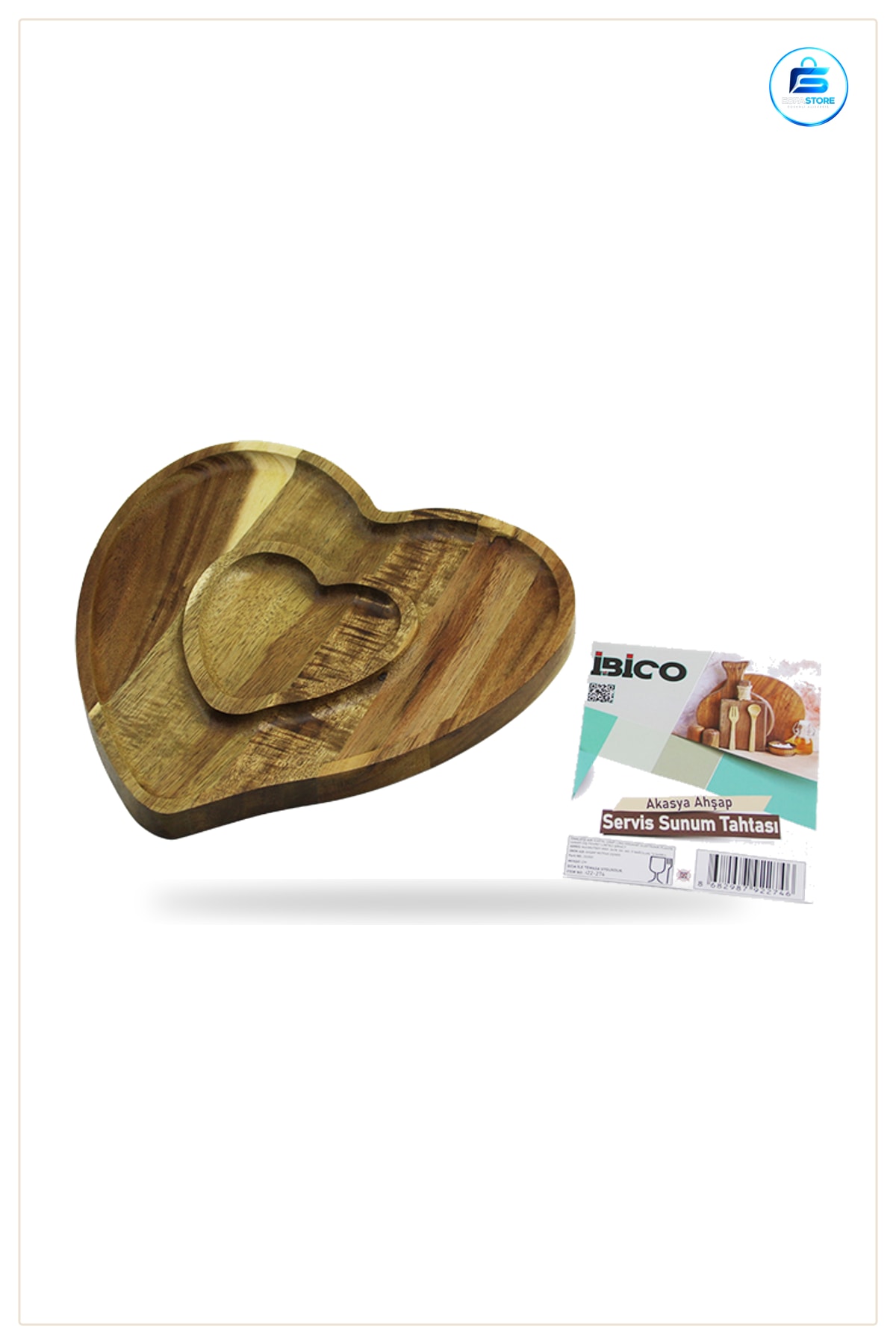 Ahşap Bambu Kalp Model Servis Tepsisi 2 Bölmeli Akasya 20x19,5 cm Aperatif Meze Peynir Sunum