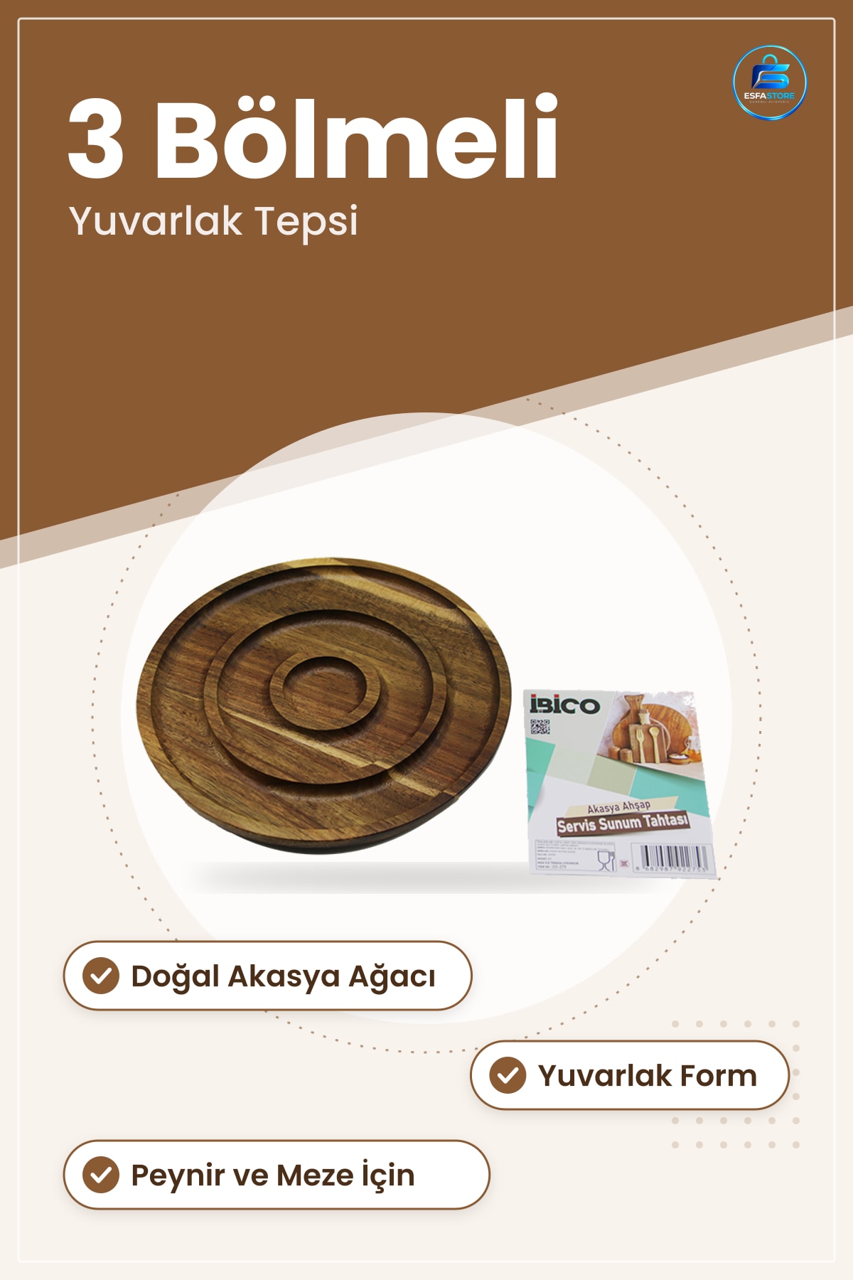 Akasya Ahşap Servis Sunum Tahtası Yuvarlak 3 Bölmeli Atıştırmalık Peynir Meze Tepsisi Mutfak