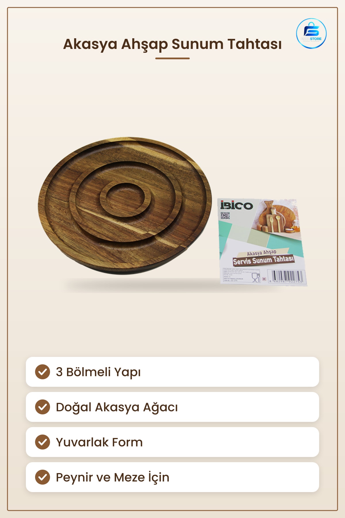 Akasya Ahşap Servis Sunum Tahtası Yuvarlak 3 Bölmeli Atıştırmalık Peynir Meze Tepsisi Mutfak