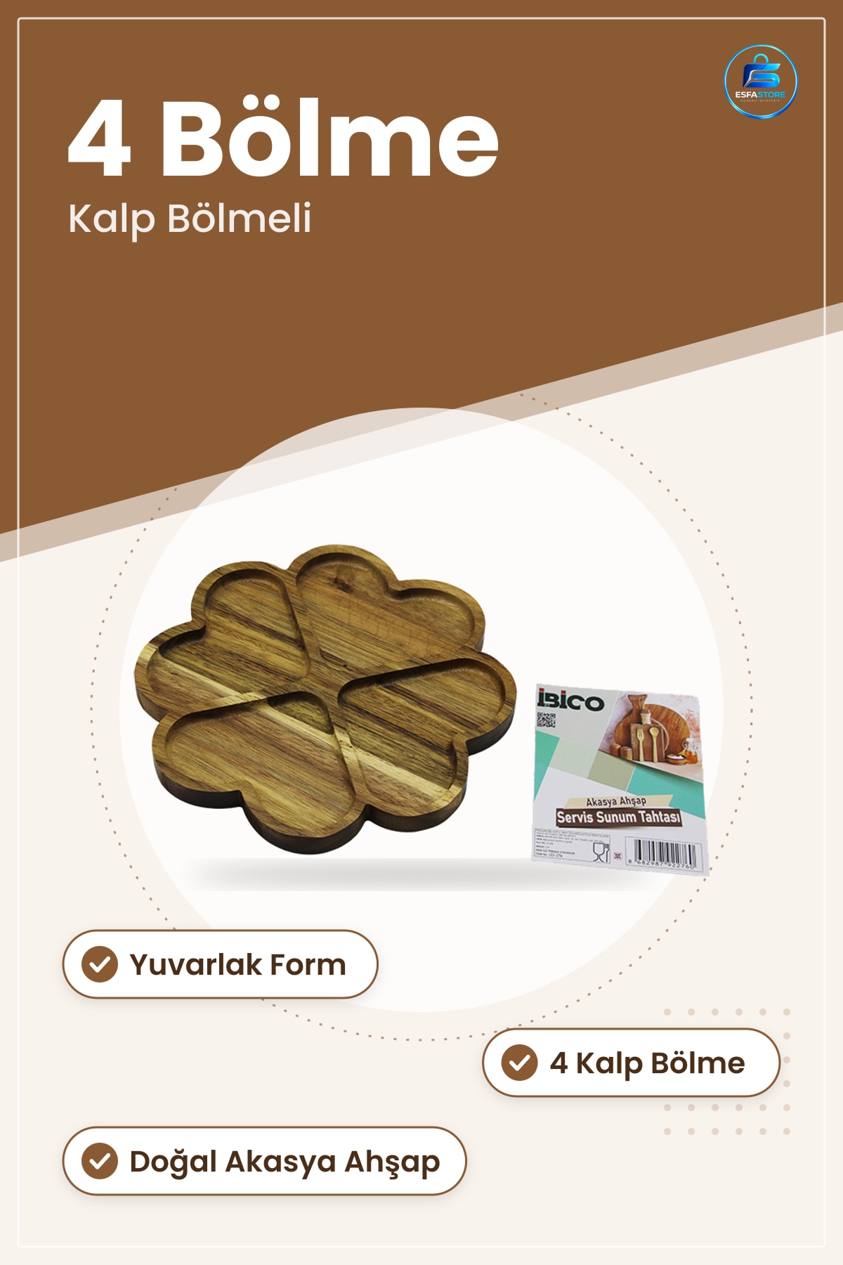 Tepsi Yuvarlak 4 Kalp Bölmeli Akasya Ahşap Servis Sunum Kahvaltı Atıştırmalık Sofra Mutfak