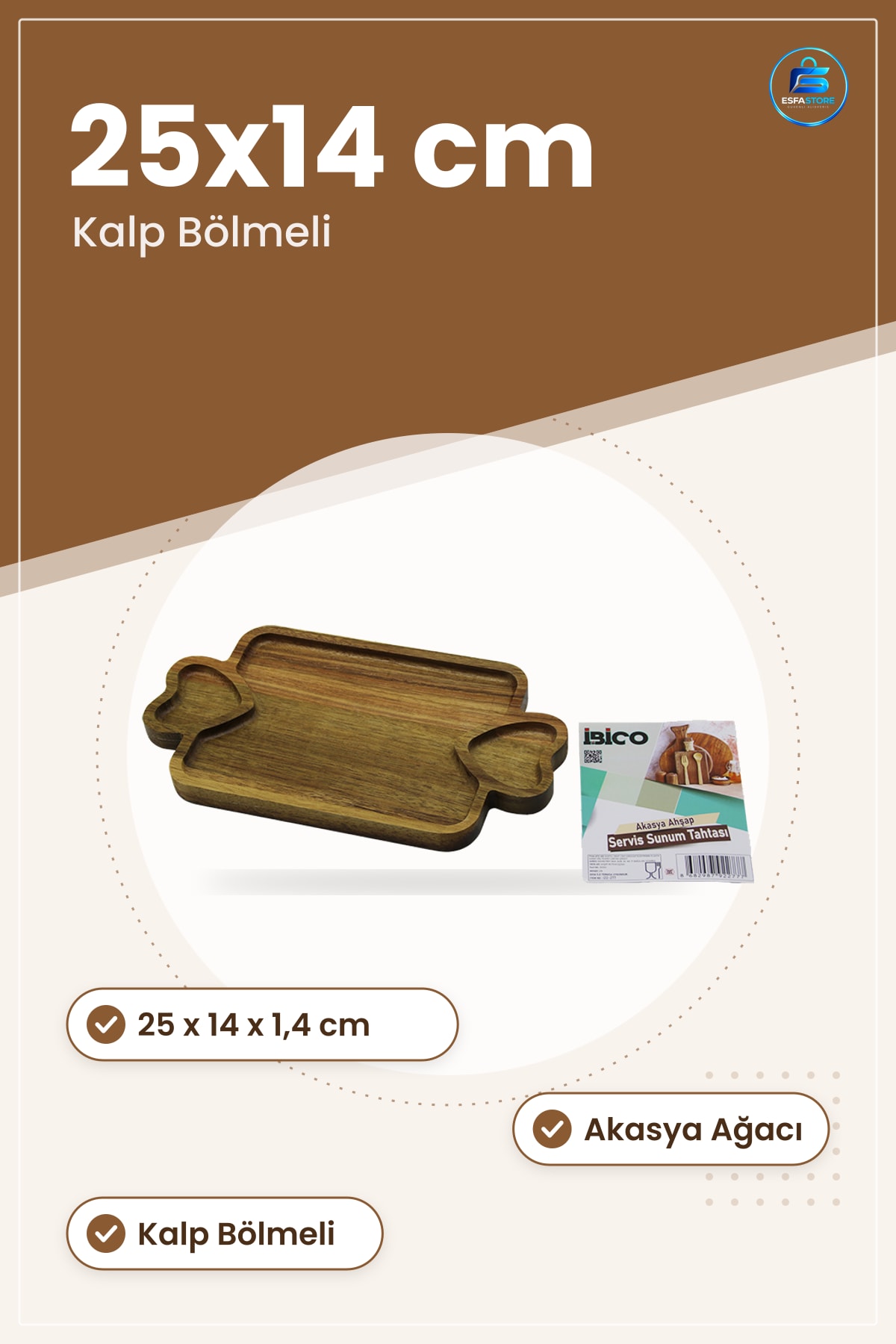 Akasya Ahşap Sunum Tepsisi 25x14x1,4 cm Kalp Bölmeli Aperatif Peynir Meze Tatlı Kahvaltı Servis