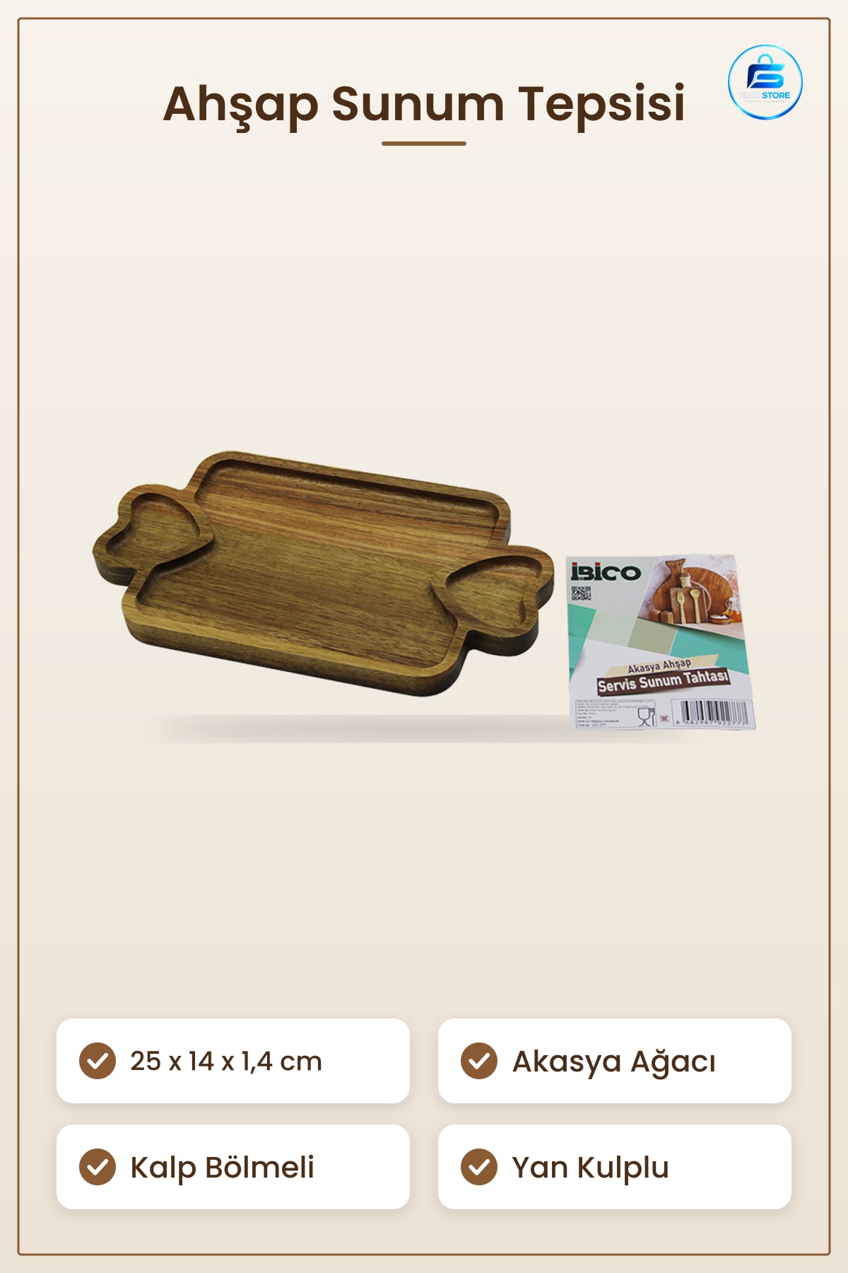 Akasya Ahşap Sunum Tepsisi 25x14x1,4 cm Kalp Bölmeli Aperatif Peynir Meze Tatlı Kahvaltı Servis