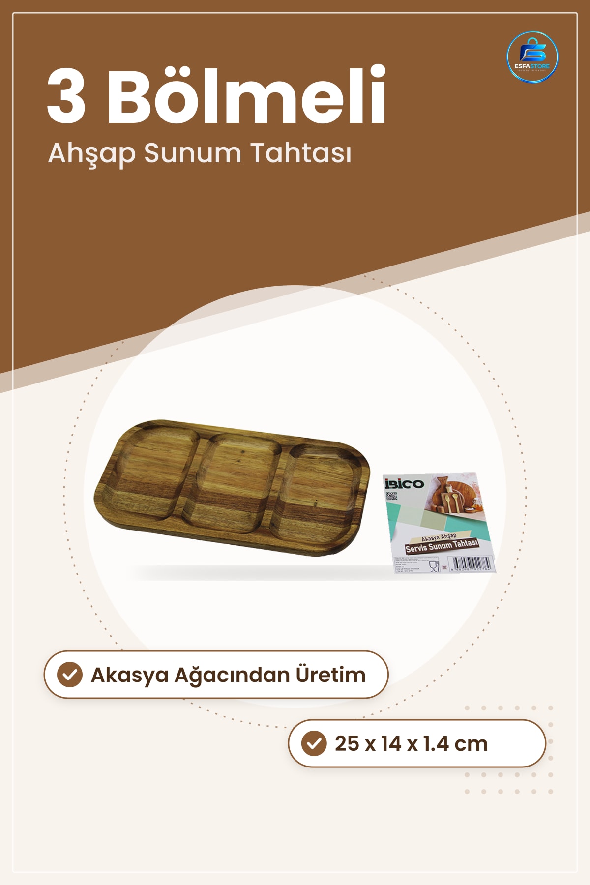 Akasya Ahşap Servis Tepsisi 3 Bölmeli 25x14 cm Sunum Tahtası Peynir Meze Atıştrmalık Mutfak Sofra