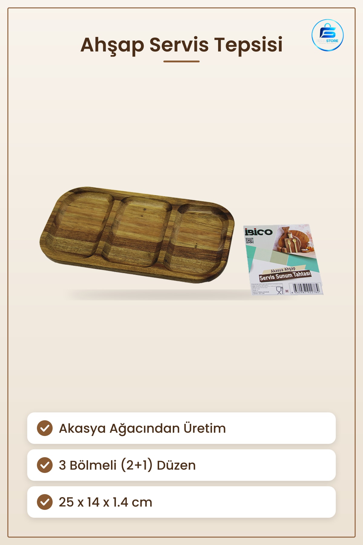 Akasya Ahşap Servis Tepsisi 3 Bölmeli 25x14 cm Sunum Tahtası Peynir Meze Atıştrmalık Mutfak Sofra