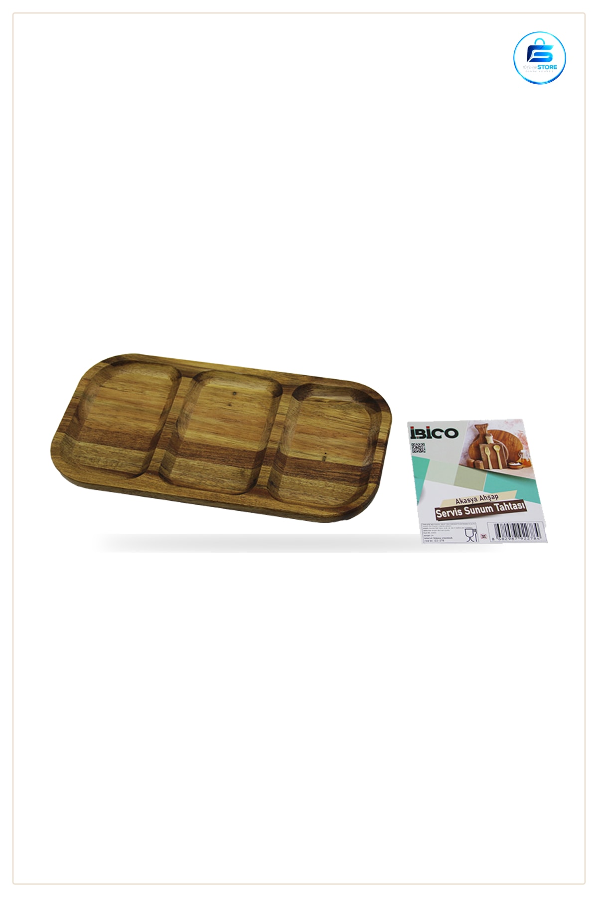 Akasya Ahşap Servis Tepsisi 3 Bölmeli 25x14 cm Sunum Tahtası Peynir Meze Atıştrmalık Mutfak Sofra