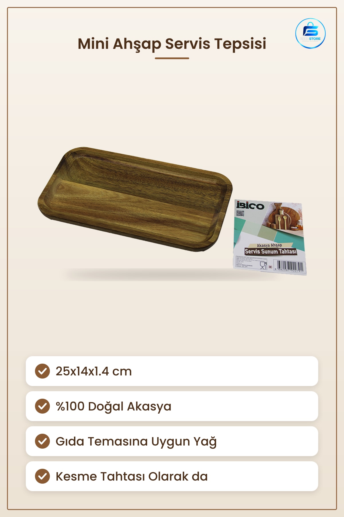 Tepsi Akasya Ahşap Dikdörtgen Servis 25x14x1.4 cm Doğal Sunum Peynir Meze Kesme Tahtası Mini
