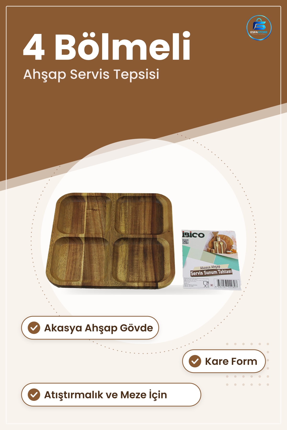 Akasya Ahşap Kare 4 Bölmeli Servis Sunum Tepsisi Atıştırmalık Meze Sos Tepsi Mutfak Sofra