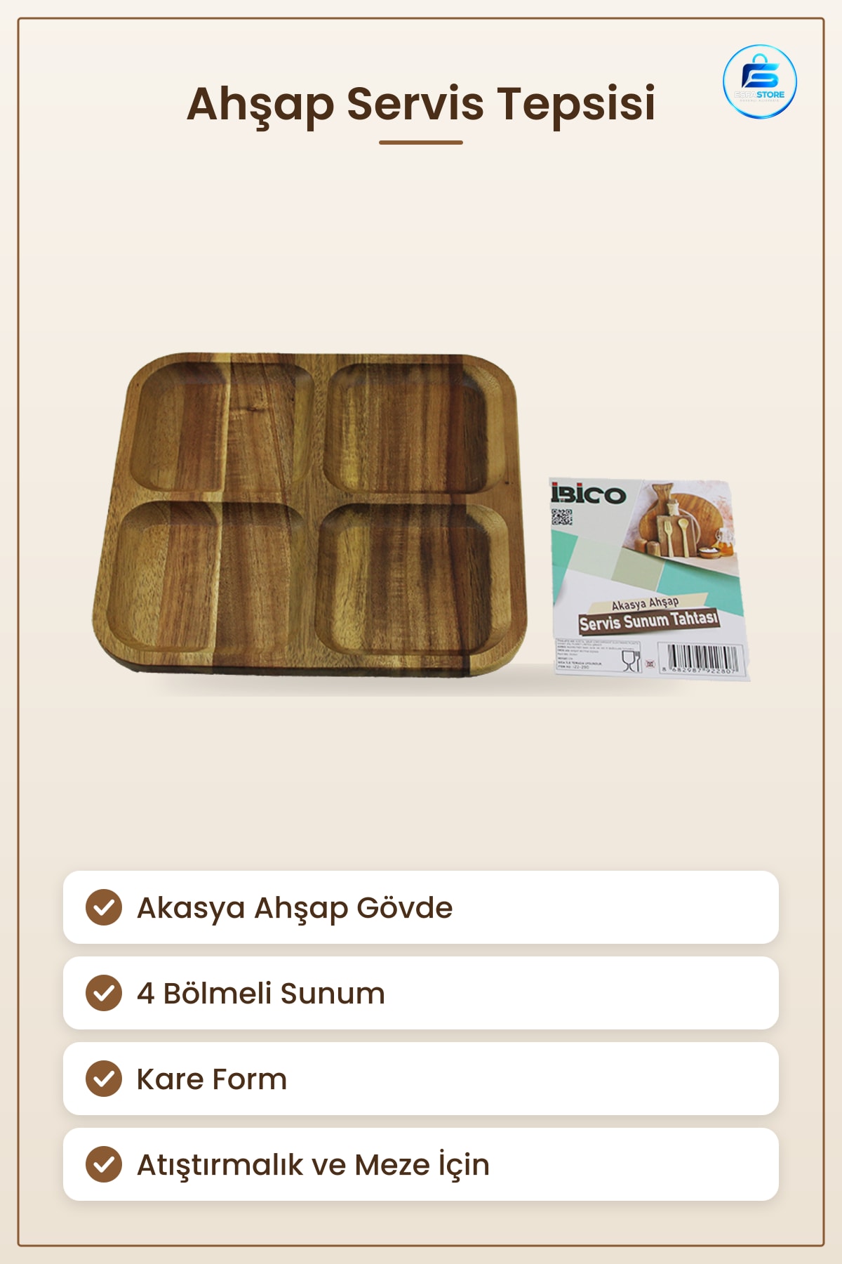 Akasya Ahşap Kare 4 Bölmeli Servis Sunum Tepsisi Atıştırmalık Meze Sos Tepsi Mutfak Sofra