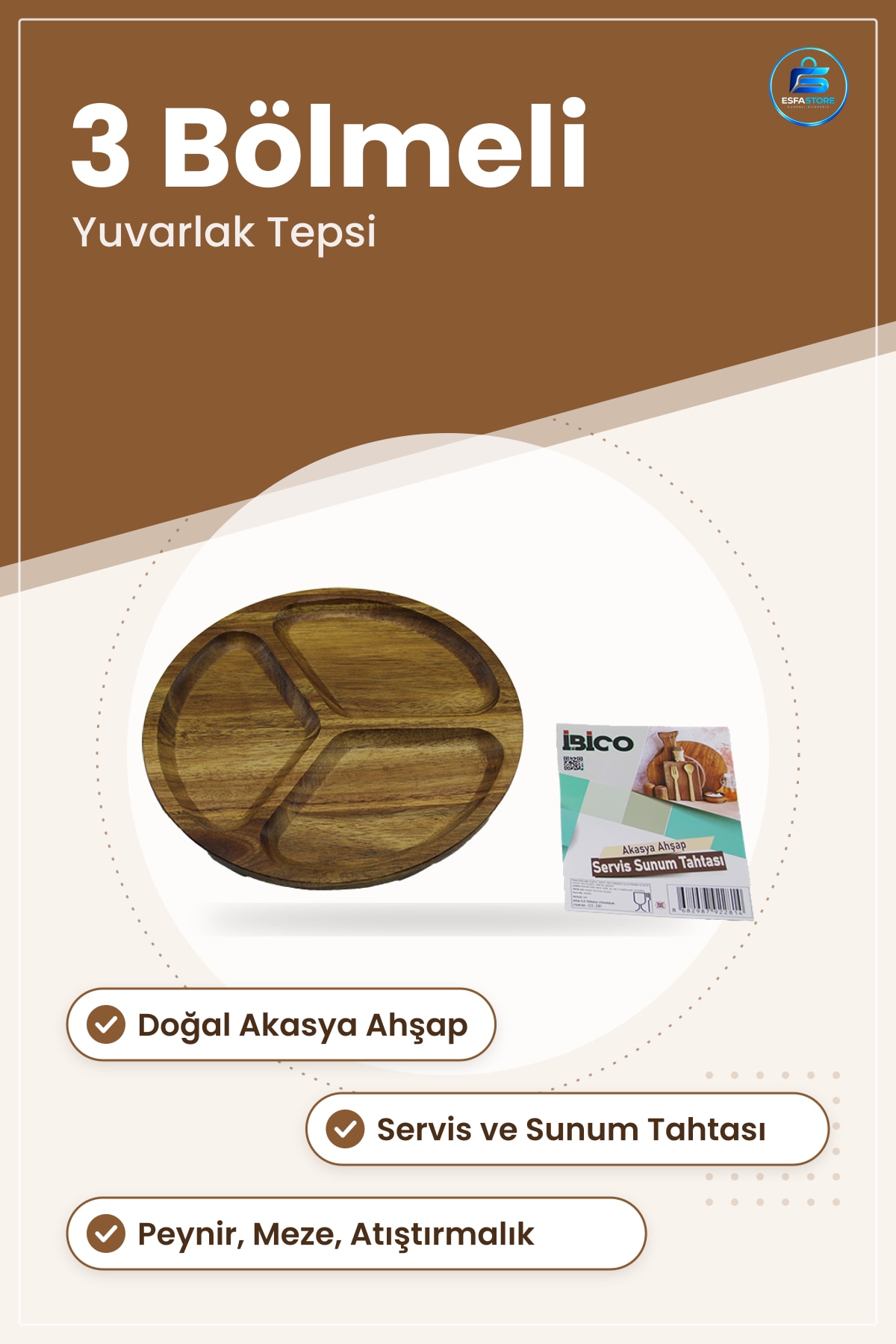 Akasya Ahşap Yuvarlak 3 Bölmeli Servis Tepsisi Sunum Tahtası Peynir Meze Atıştırmalık Mutfak Sofra