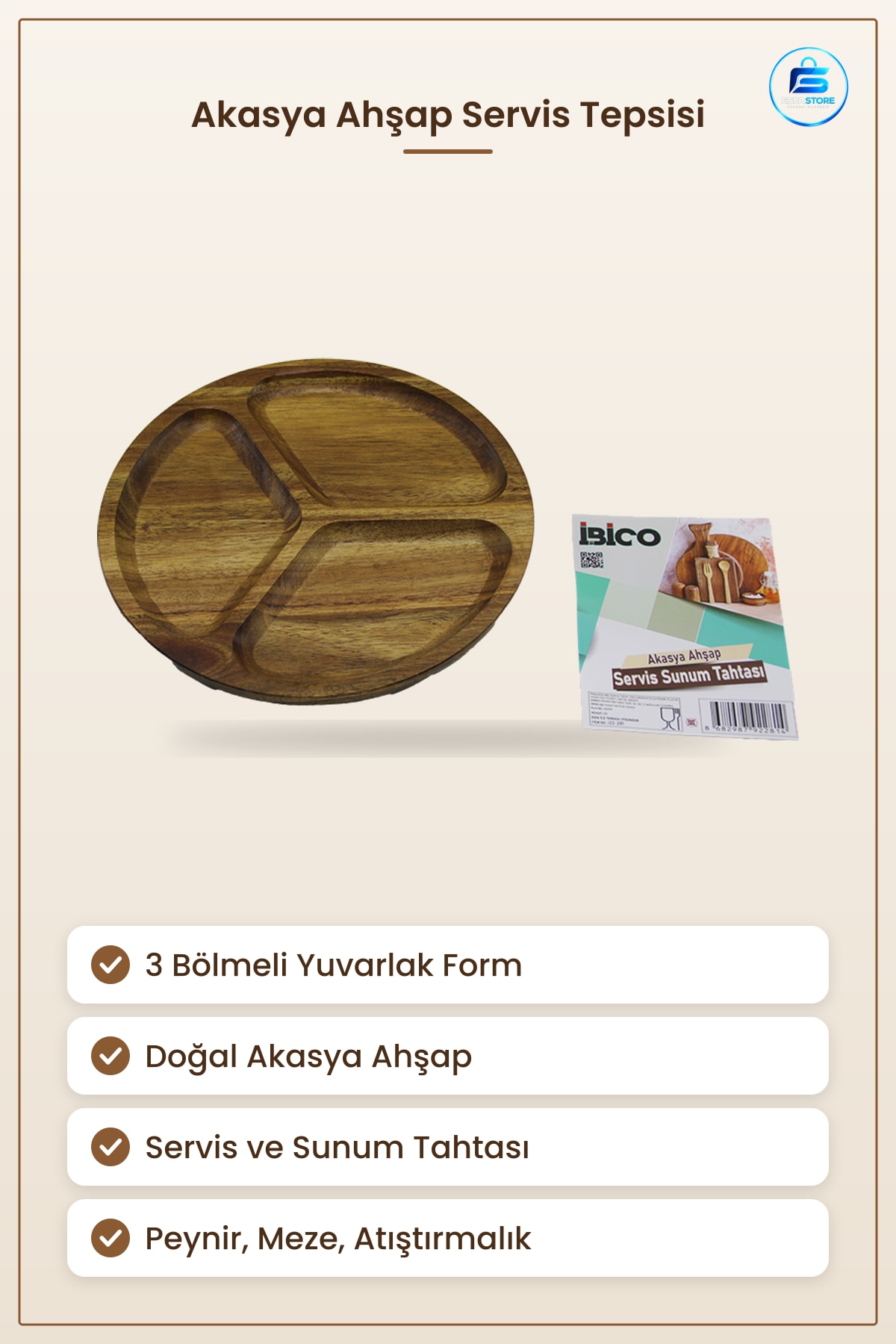 Akasya Ahşap Yuvarlak 3 Bölmeli Servis Tepsisi Sunum Tahtası Peynir Meze Atıştırmalık Mutfak Sofra