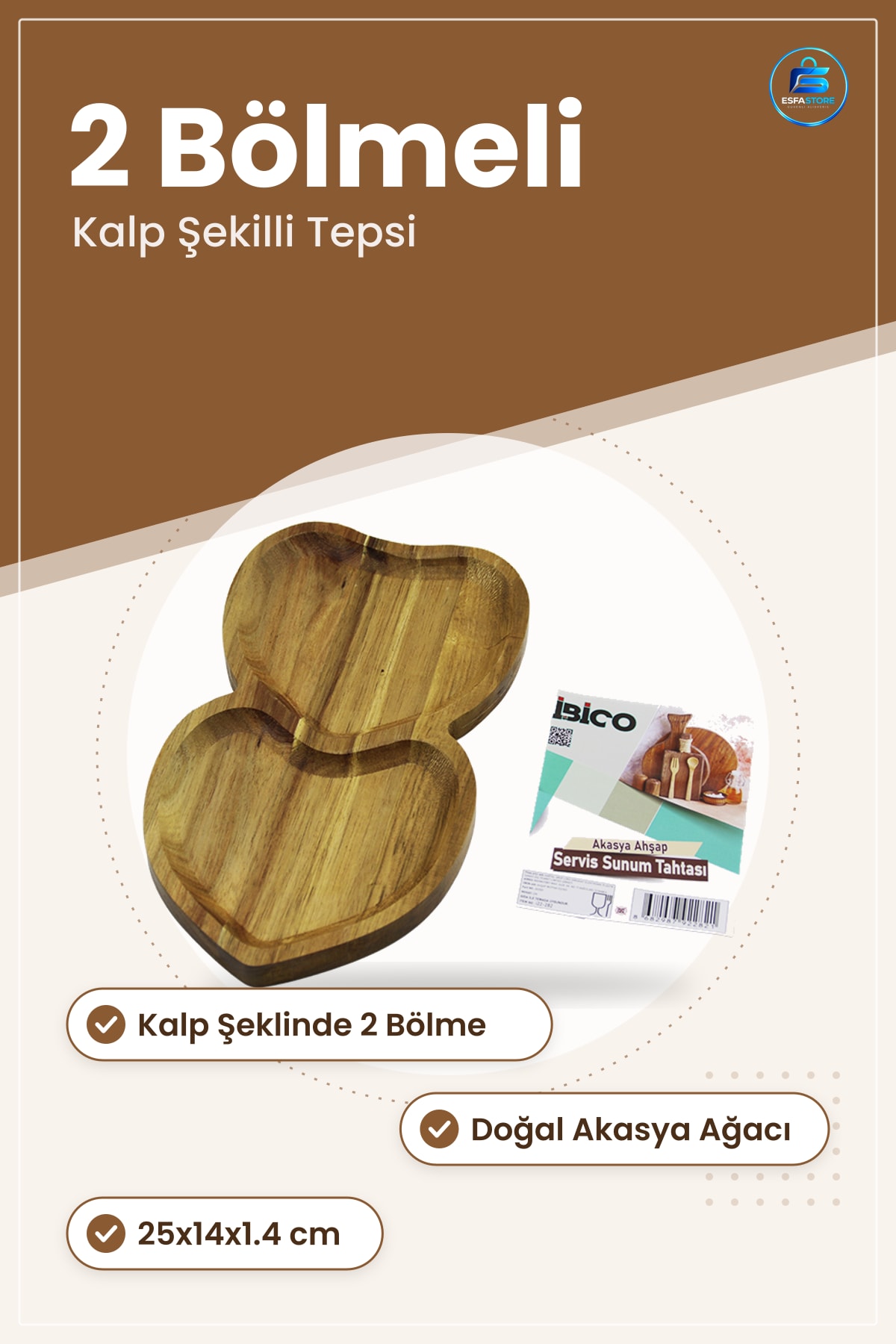 Akasya Ahşap Servis Tepsisi 2 Bölmeli Kalpli 25x14x1.4 cm Mutfak Kahvaltı Sunum Tabağı