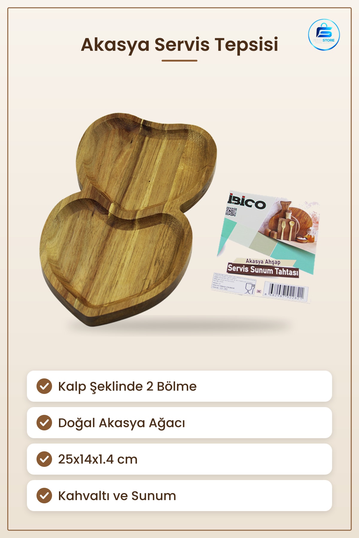 Akasya Ahşap Servis Tepsisi 2 Bölmeli Kalpli 25x14x1.4 cm Mutfak Kahvaltı Sunum Tabağı