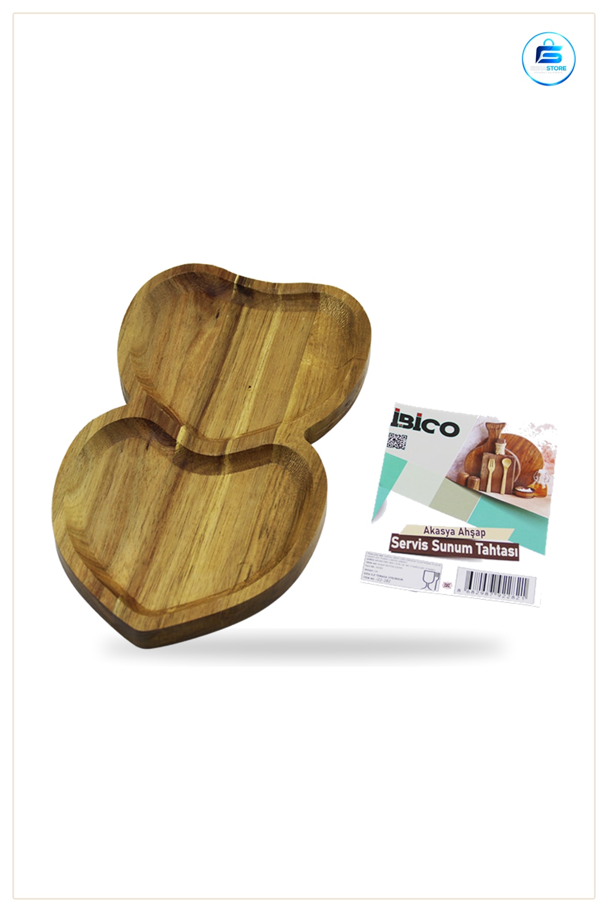 Akasya Ahşap Servis Tepsisi 2 Bölmeli Kalpli 25x14x1.4 cm Mutfak Kahvaltı Sunum Tabağı