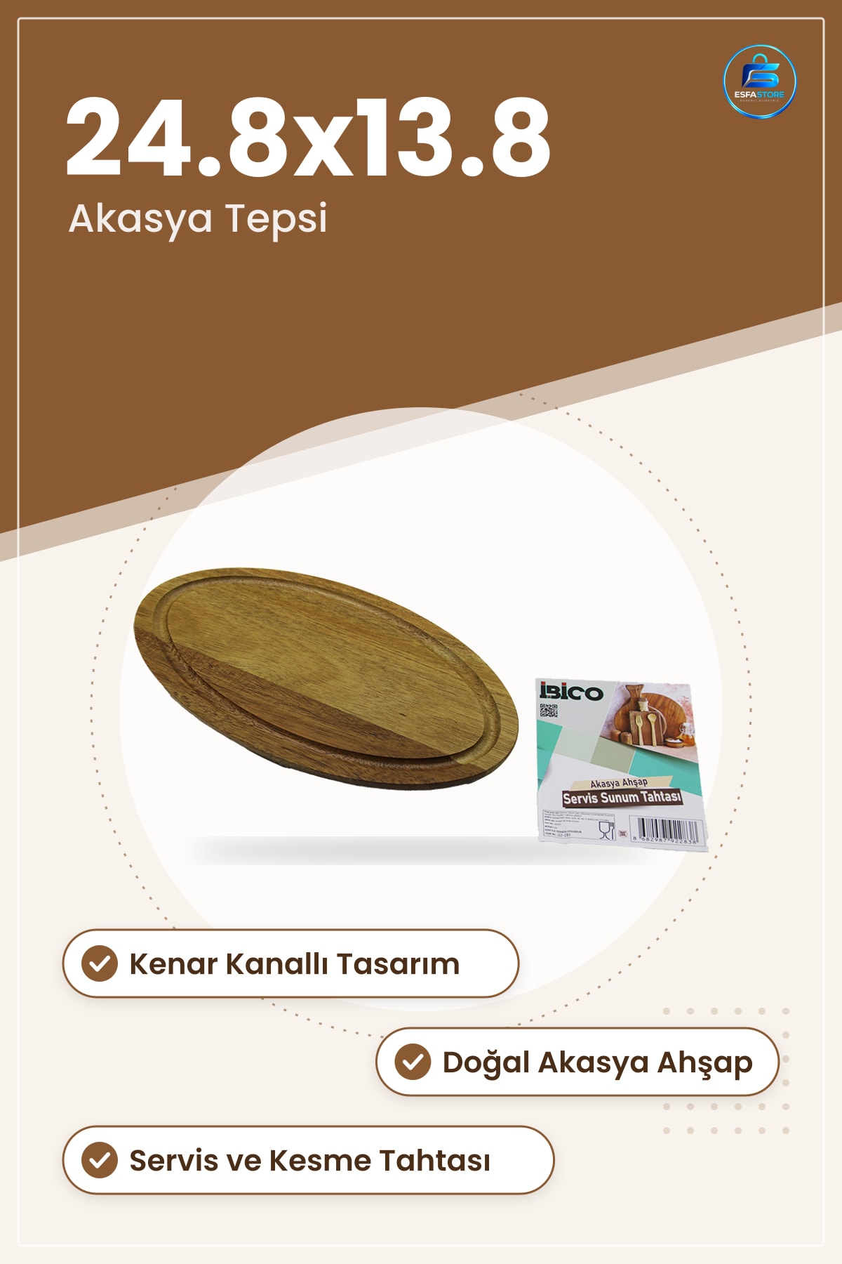 Oval Tepsi Akasya Ahşap Servis Sunum Tahtası Kenar Kanallı 24.8x13.8x1.4 cm Kesme Mutfak