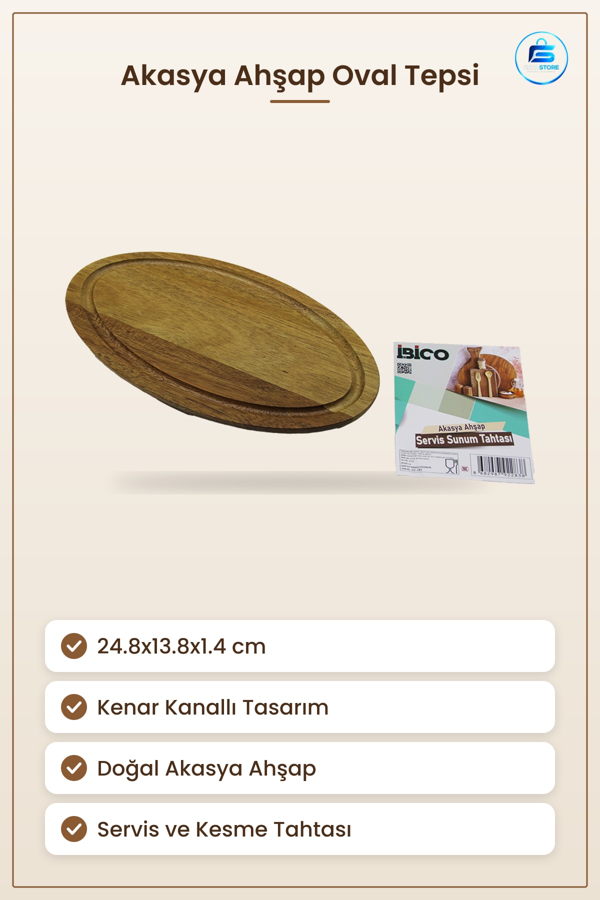 Oval Tepsi Akasya Ahşap Servis Sunum Tahtası Kenar Kanallı 24.8x13.8x1.4 cm Kesme Mutfak