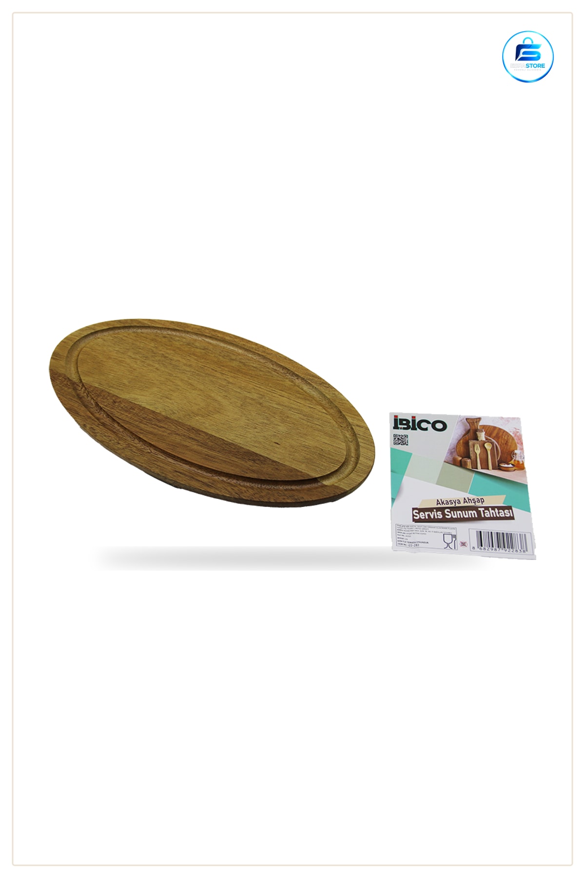 Oval Tepsi Akasya Ahşap Servis Sunum Tahtası Kenar Kanallı 24.8x13.8x1.4 cm Kesme Mutfak