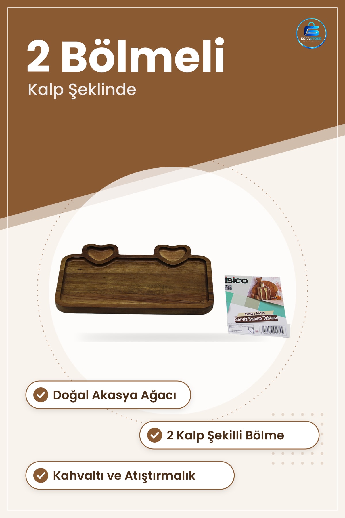 Akasya Ahşap Servis Tepsisi Kalp Bölmeli Sunum Tabağı Mutfak Kahvaltı Atıştırmalık Dikdörtgen
