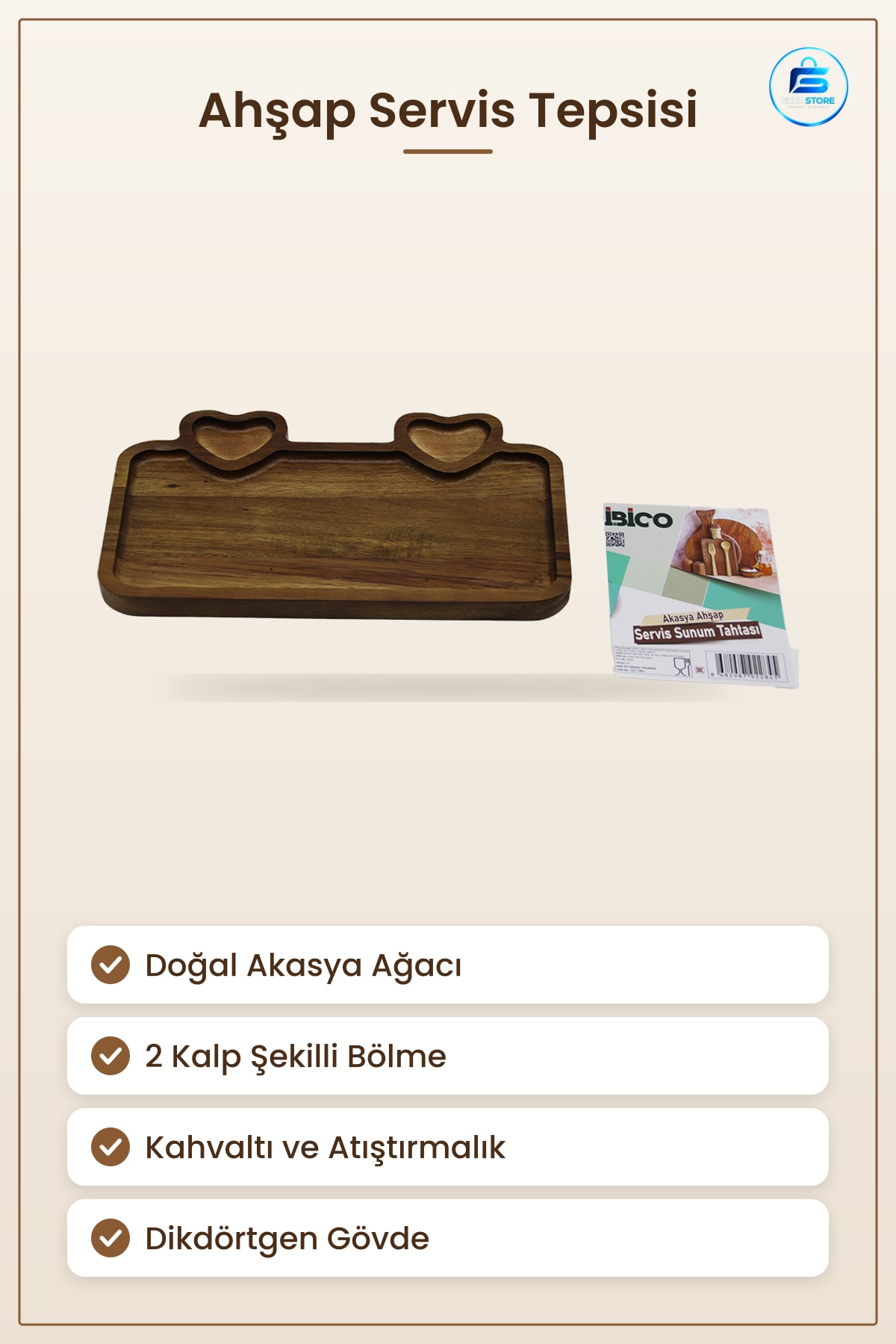 Akasya Ahşap Servis Tepsisi Kalp Bölmeli Sunum Tabağı Mutfak Kahvaltı Atıştırmalık Dikdörtgen