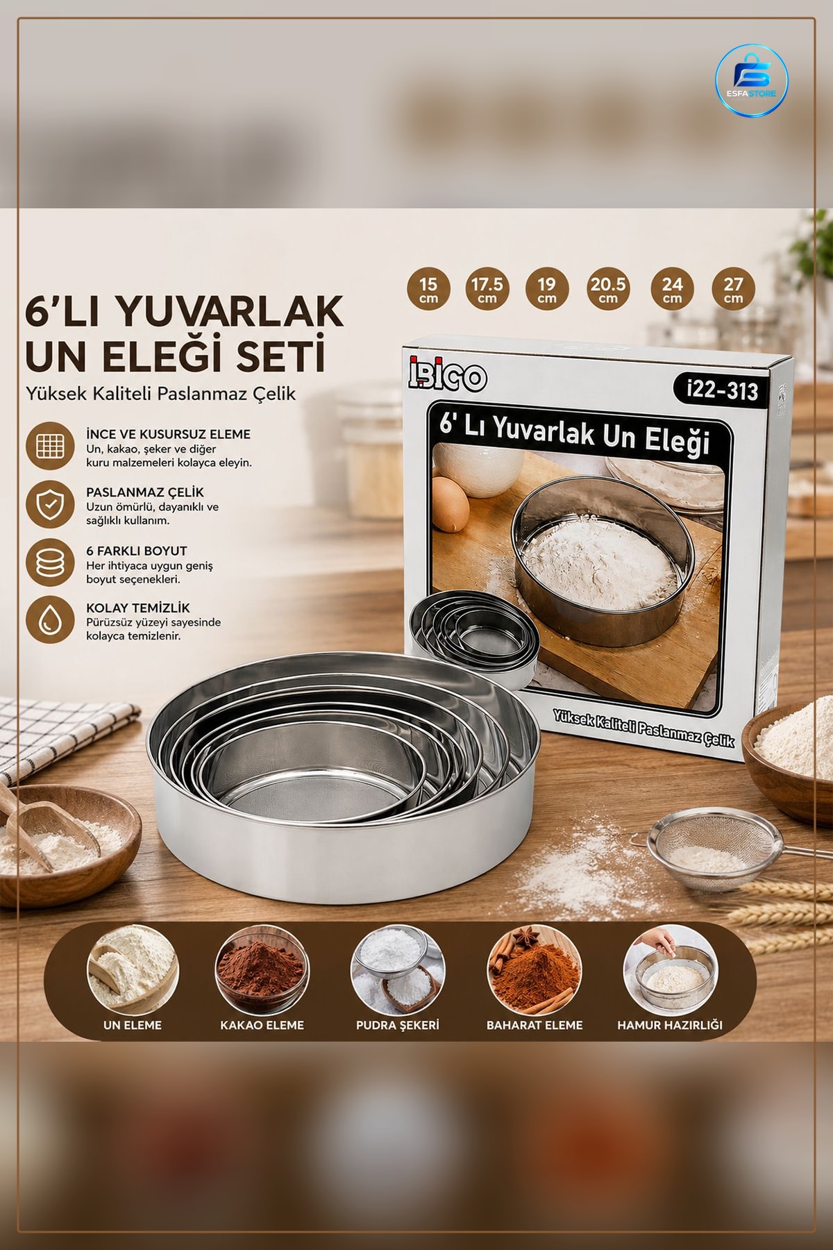 Yuvarlak Un Eleği 6 Parça Paslanmaz Çelik Metal Set Mutfak Hamur ve Pasta Eleme Aleti