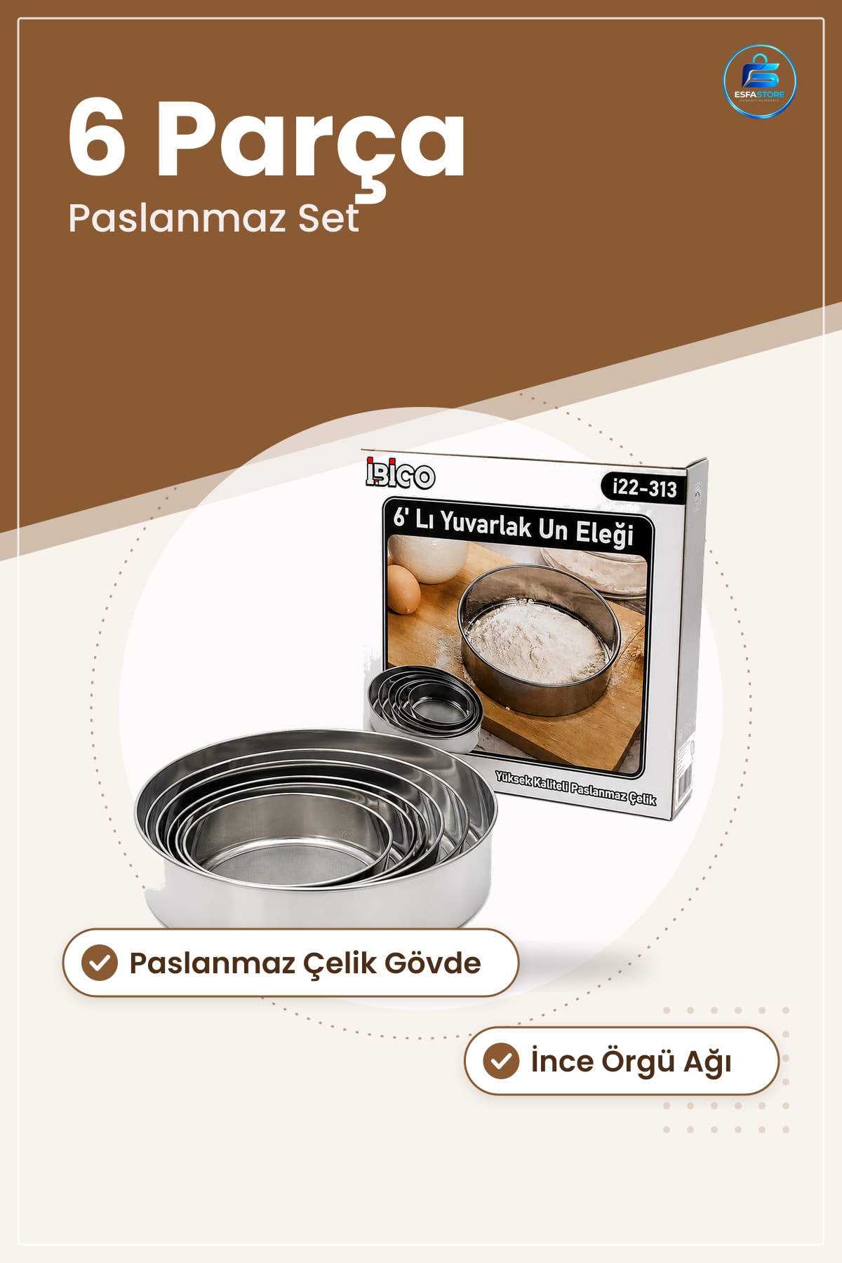 Yuvarlak Un Eleği 6 Parça Paslanmaz Çelik Metal Set Mutfak Hamur ve Pasta Eleme Aleti