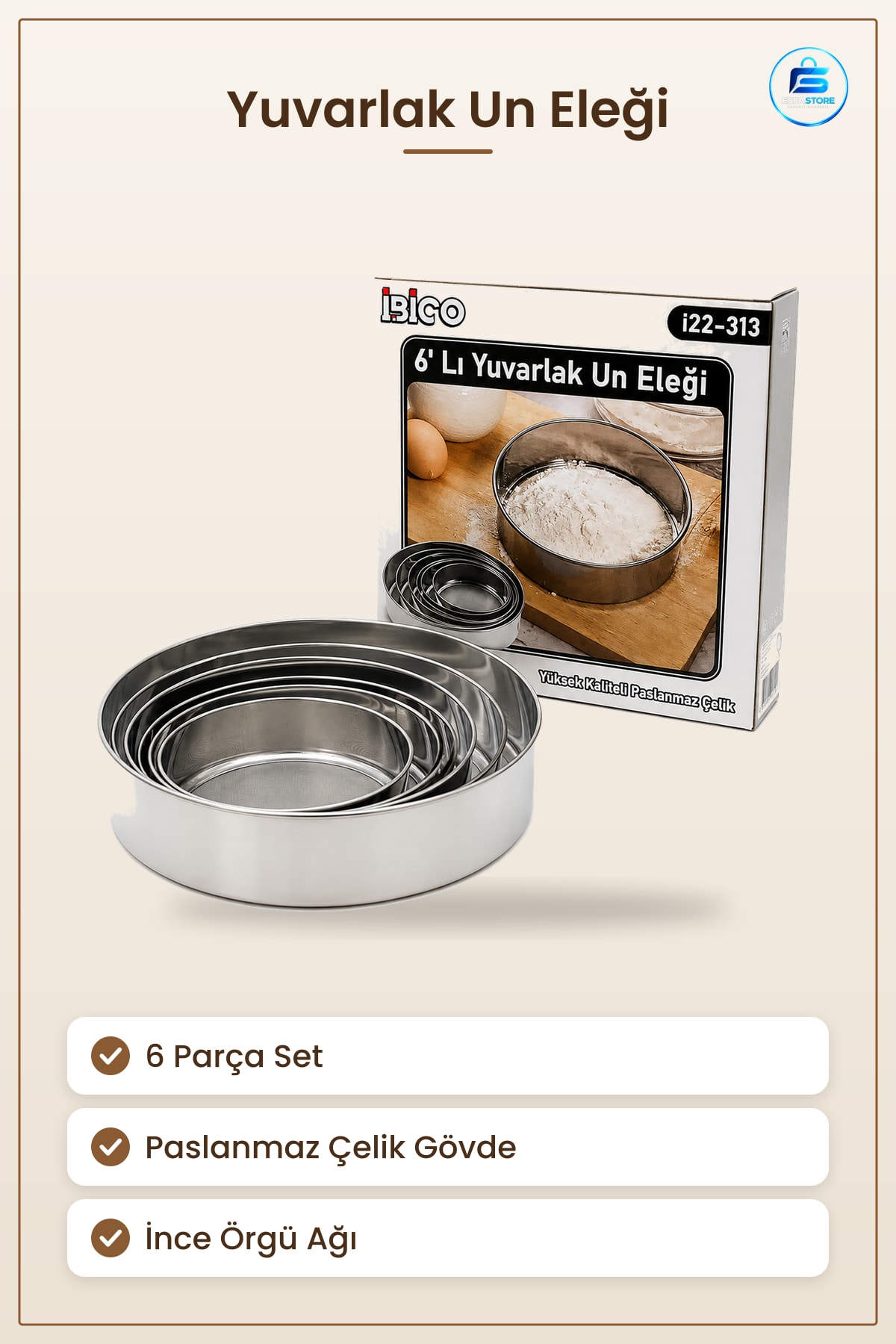Yuvarlak Un Eleği 6 Parça Paslanmaz Çelik Metal Set Mutfak Hamur ve Pasta Eleme Aleti