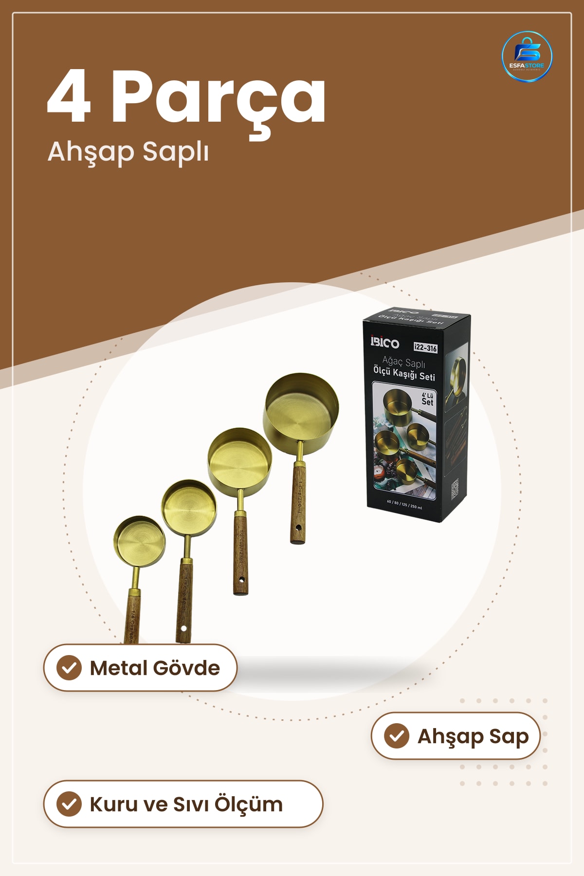 Ölçü Kaşığı Seti Altın Renkli Metal Ahşap Saplı 4 Parça Mutfak Kahve Çay Hassas Ölçüm