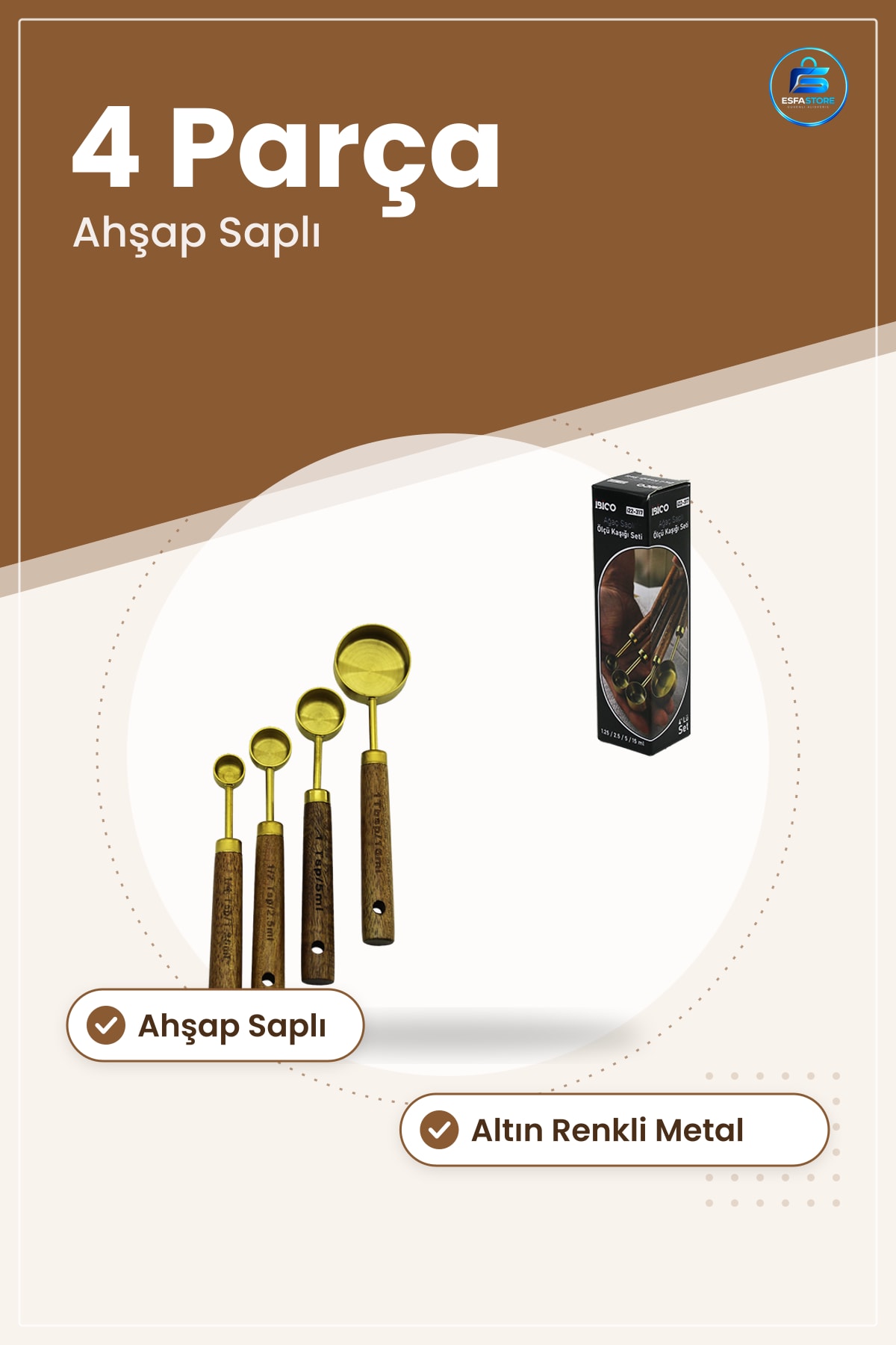 Altın Renkli Metal Ölçü Kaşık Seti Ahşap Saplı 4 Parça Tarif Hazırlık Un Şeker Baharat Kahve Çay