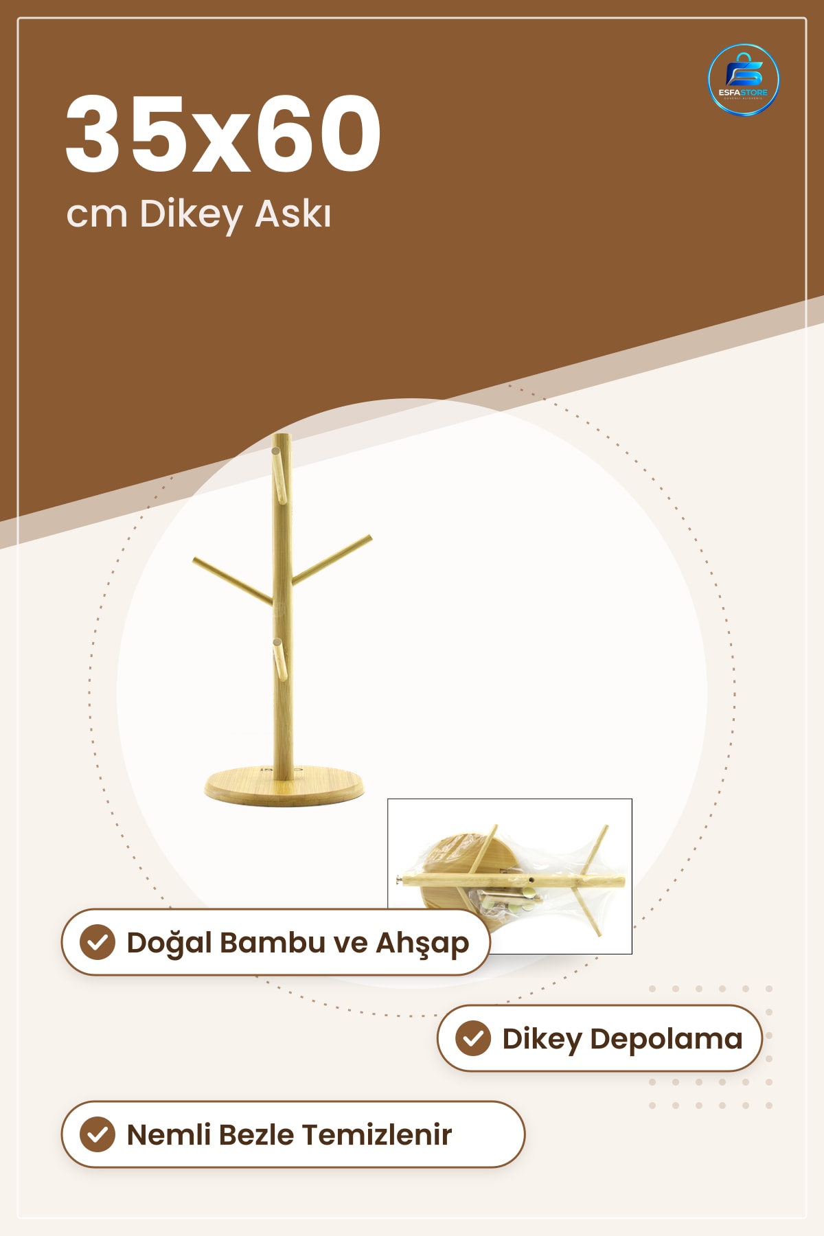 Bambu Bardak ve Fincan Askısı Mutfak Düzenleyici 35x60 cm Doğal Ahşap Dikey Depolama Altlık Uyumlu
