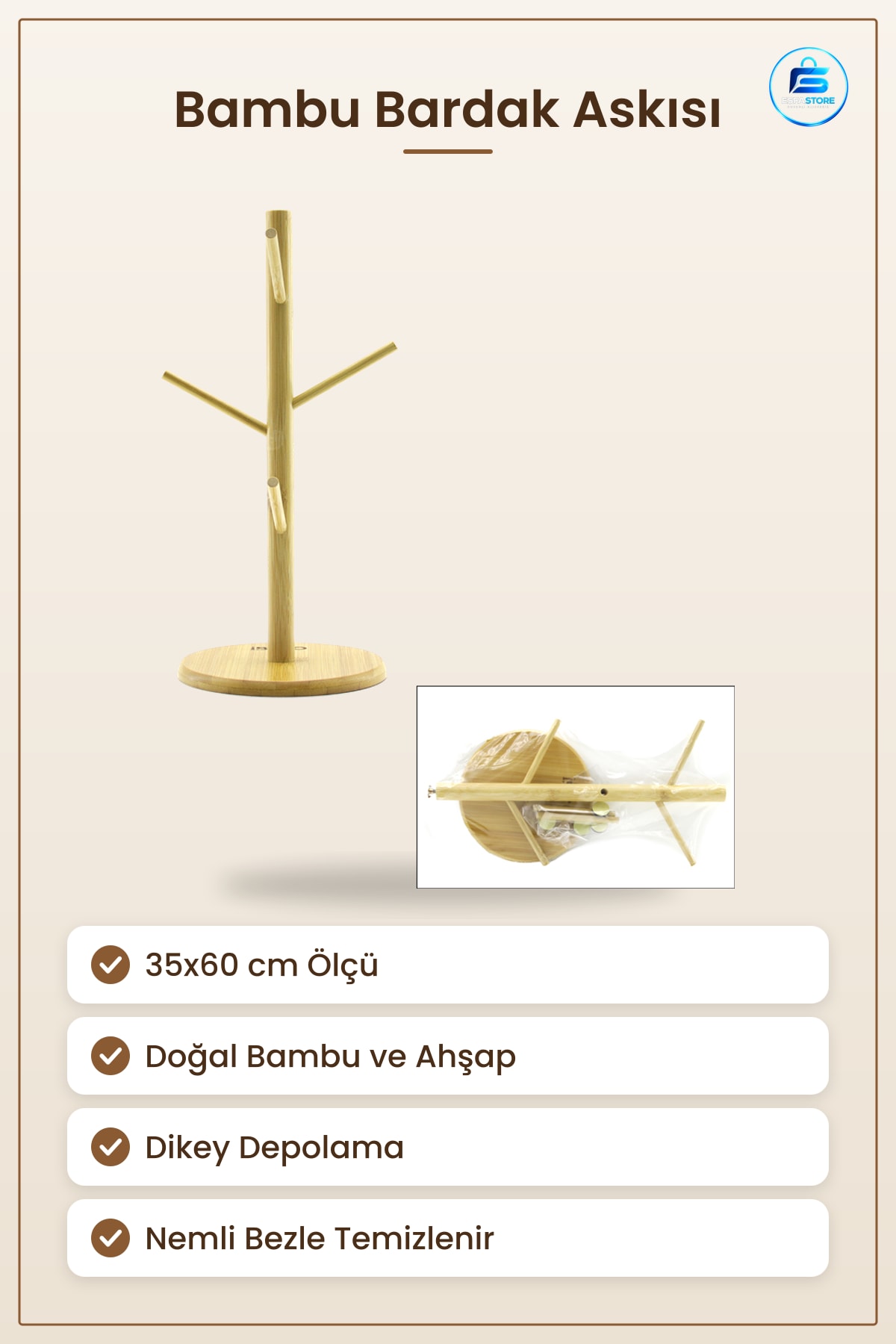 Bambu Bardak ve Fincan Askısı Mutfak Düzenleyici 35x60 cm Doğal Ahşap Dikey Depolama Altlık Uyumlu