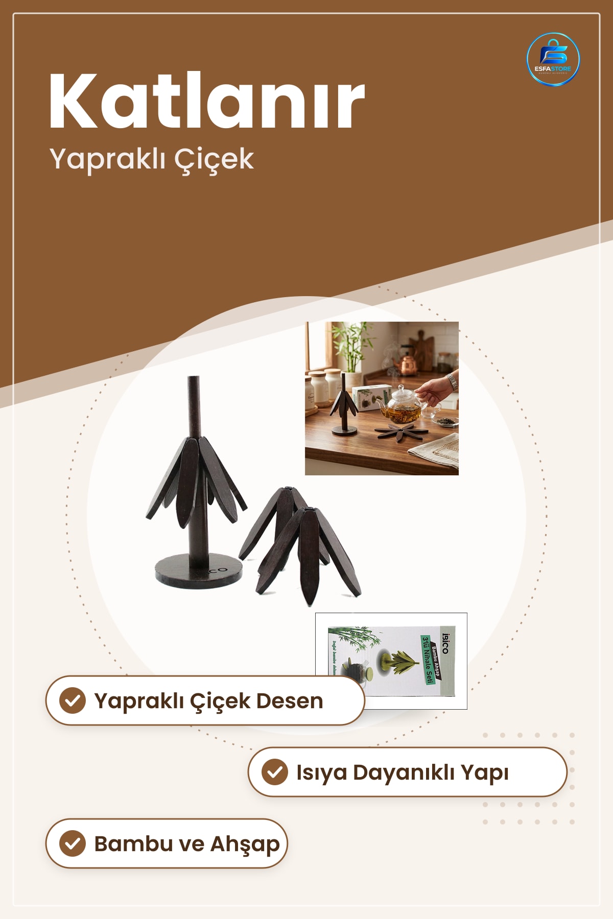 Nihale Bambu Ahşap Katlanır Standlı Yapraklı Çiçek Model Sıcak Tencere Altlığı Mutfak Sofra