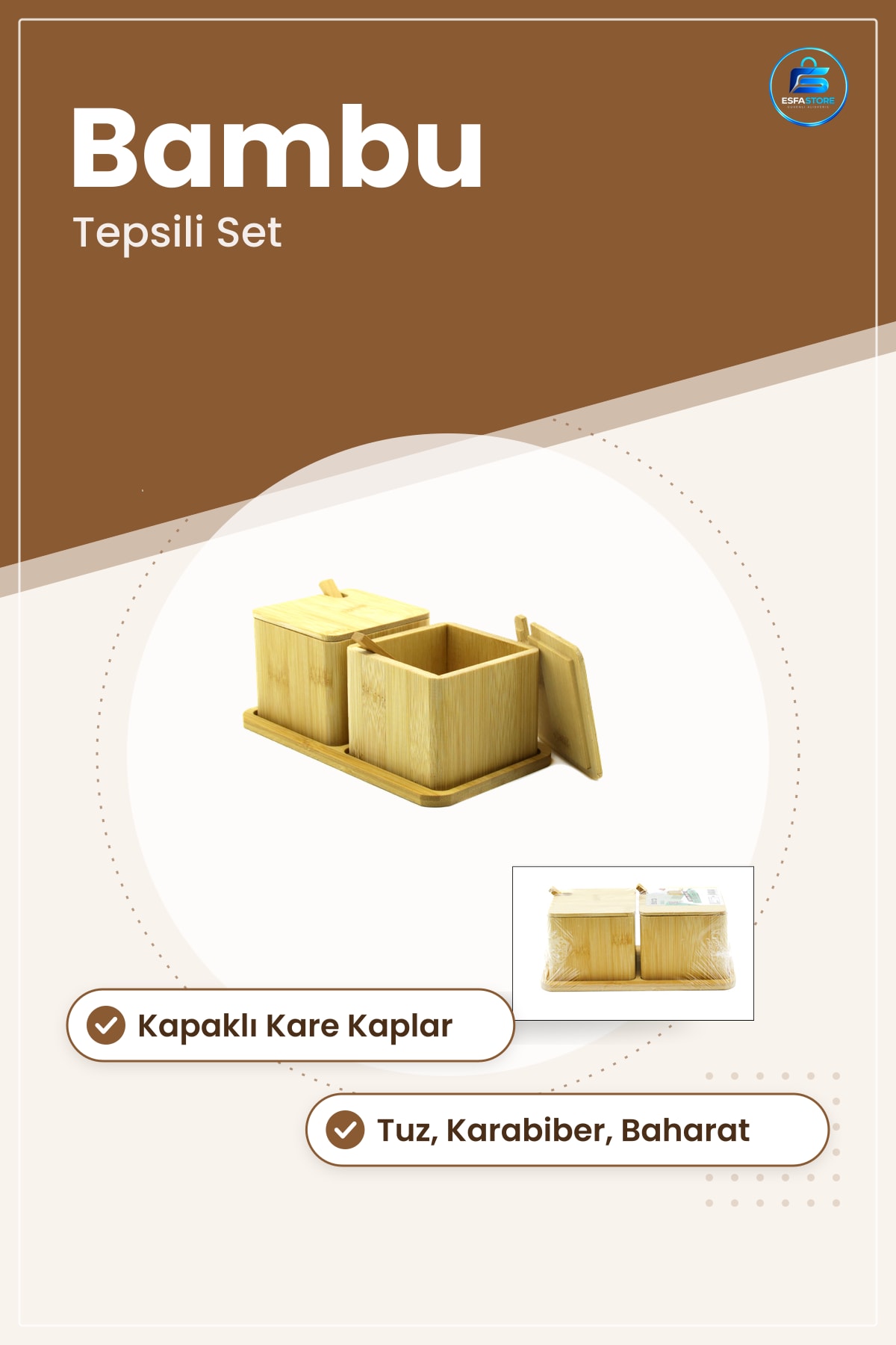 Bambu Tuzluk ve Baharatık Kapaklı Kare Kaplar Tepsili Set Doğal Mutfak Saklama Kapları Tuz