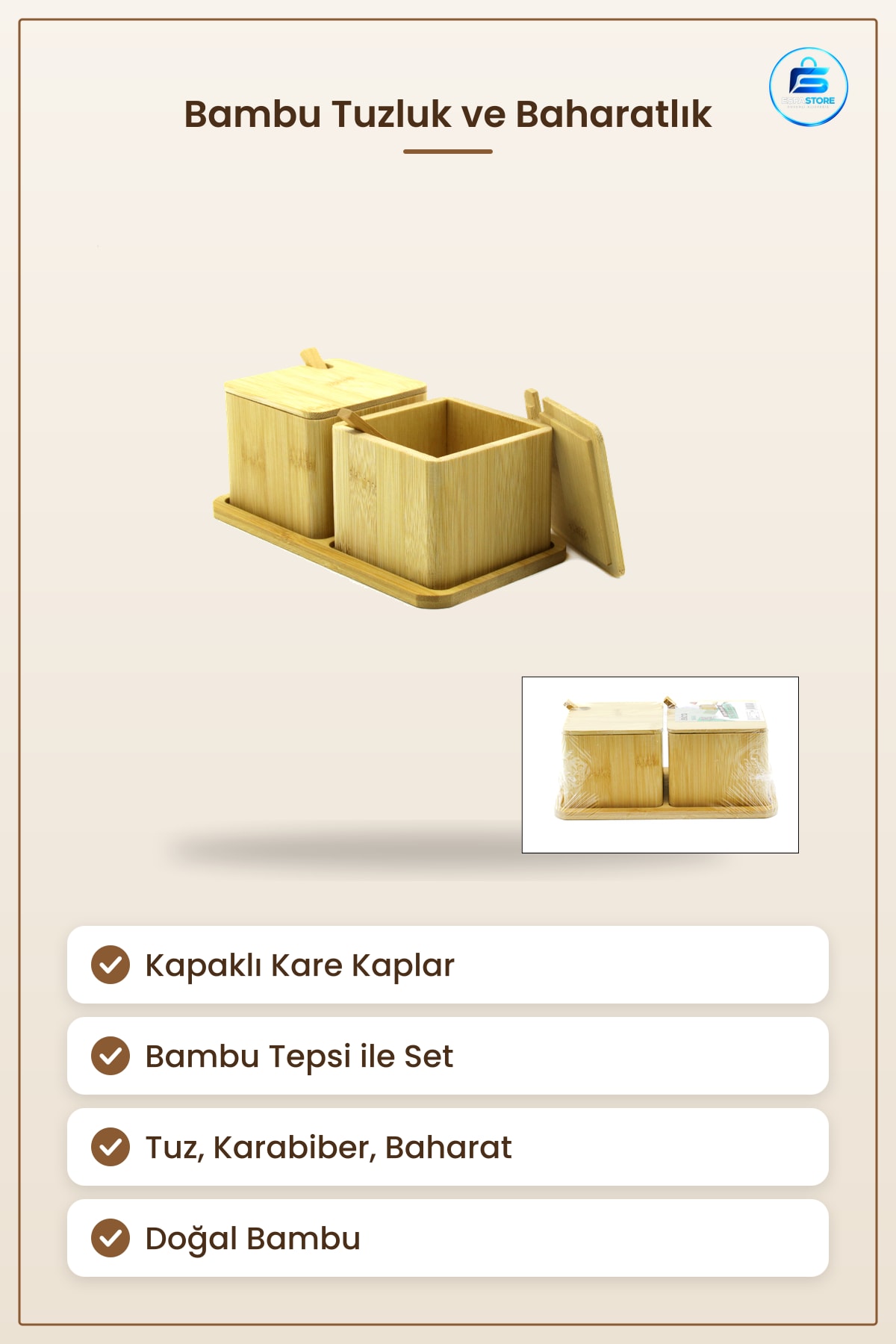 Bambu Tuzluk ve Baharatık Kapaklı Kare Kaplar Tepsili Set Doğal Mutfak Saklama Kapları Tuz