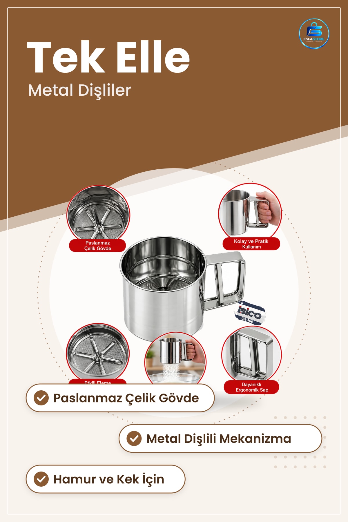 Metal Çevirmeli Un Eleği Paslanmaz Çelik Pratik Mutfak Elek Hamur Kek Bisküvi Tarifleri İçin