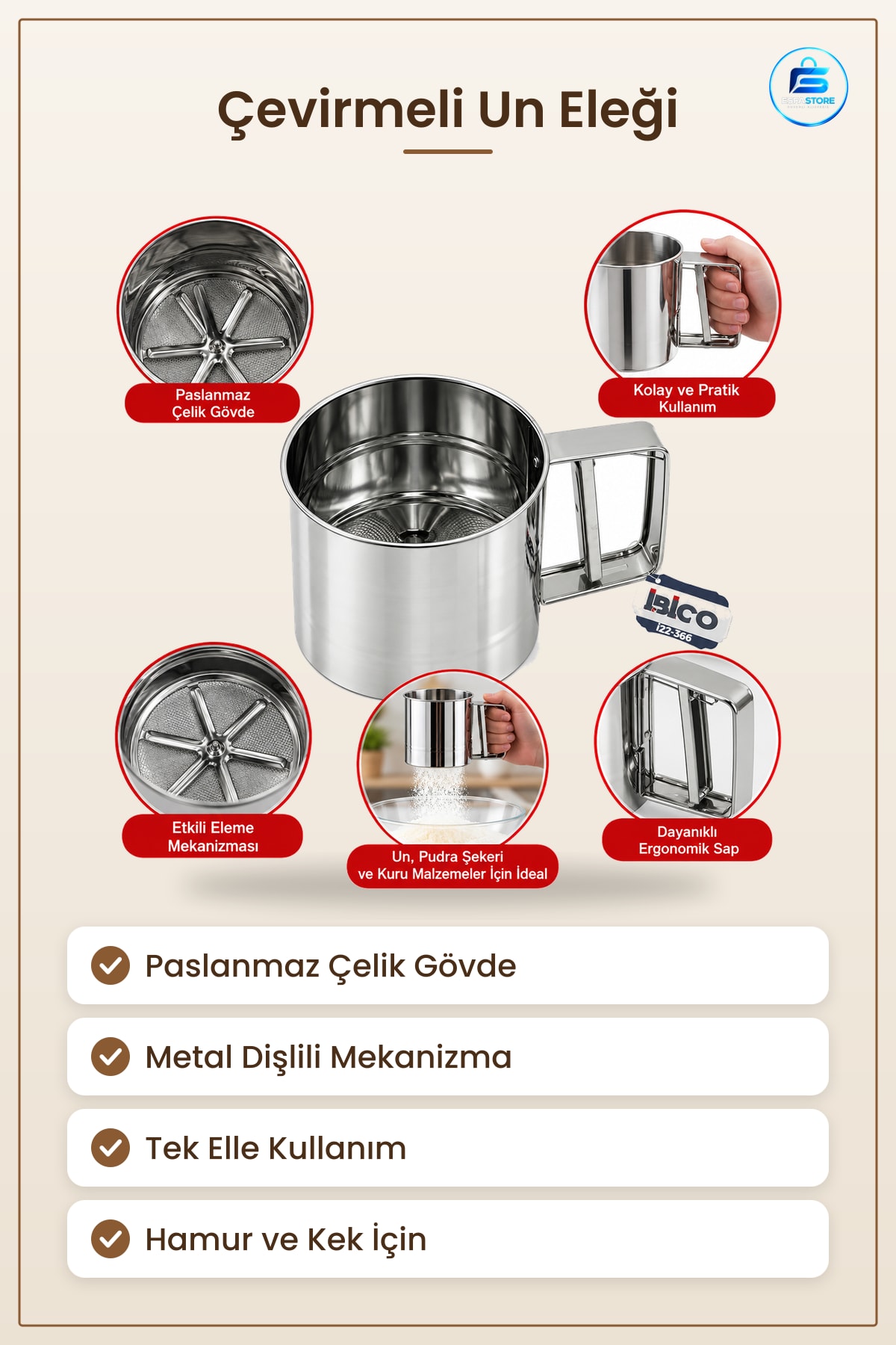 Metal Çevirmeli Un Eleği Paslanmaz Çelik Pratik Mutfak Elek Hamur Kek Bisküvi Tarifleri İçin