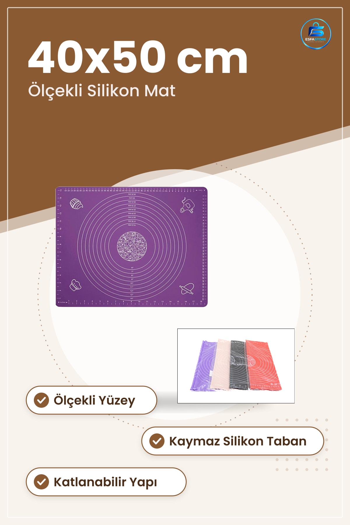 Silikon Hamur Şekillendirici Matı Ölçekli 40x50 cm Dikdörtgen Kaymaz Pasta Börek Açma