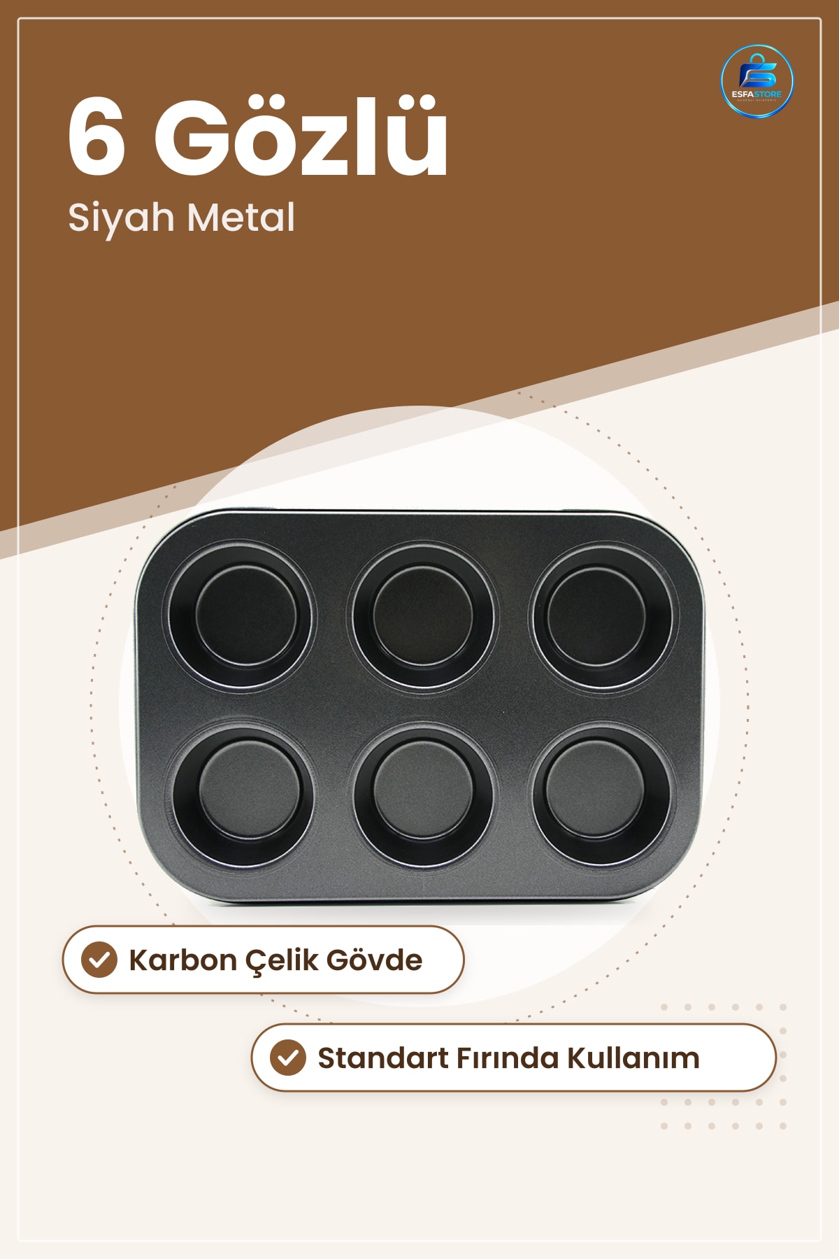 Muffin Kek Kalıbı 6 Gözlü Siyah Metal Fırın ve Pişirme Cupcake Karbon Çelik Mutfak Dayanıklı