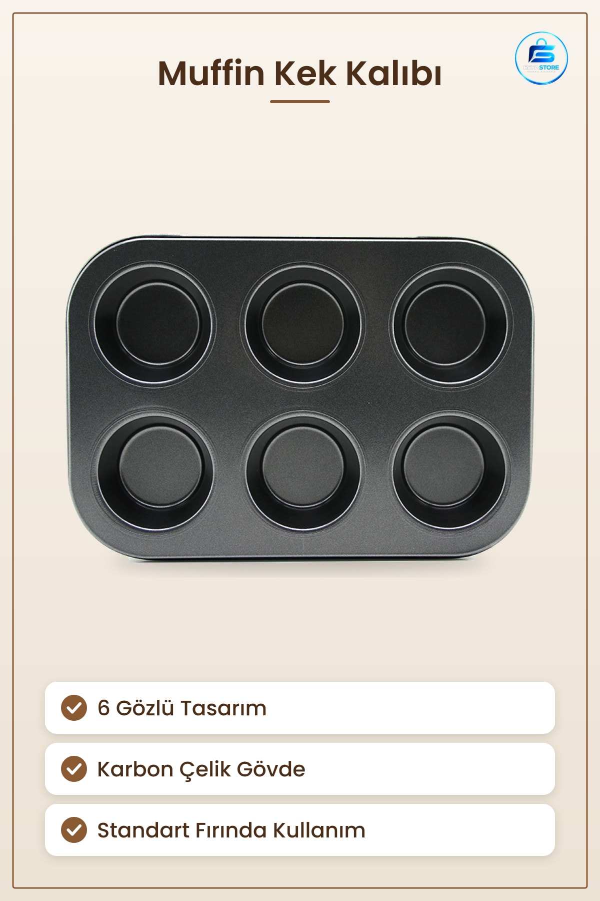 Muffin Kek Kalıbı 6 Gözlü Siyah Metal Fırın ve Pişirme Cupcake Karbon Çelik Mutfak Dayanıklı