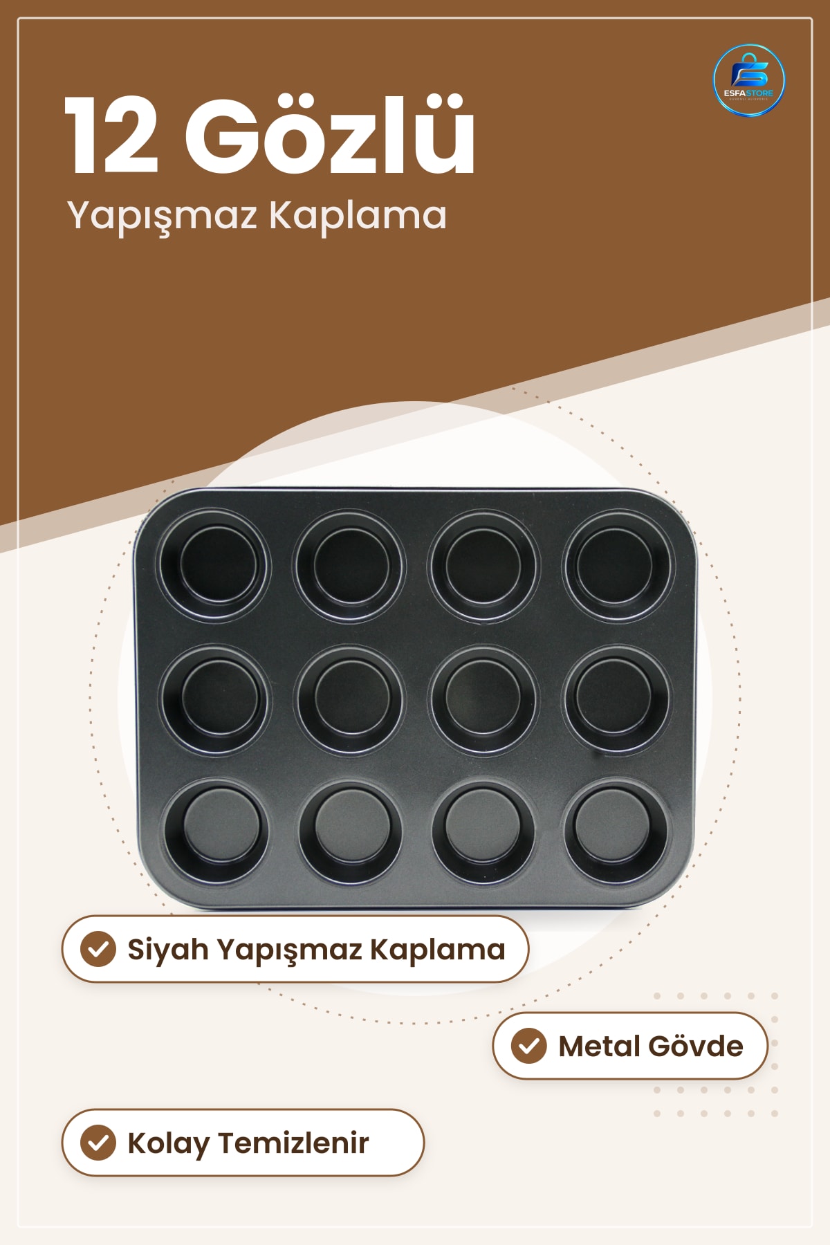 Metal Muffin Kek Kalıbı 12 Gözlü Siyah Yapışmaz Kaplama Fırın Cupcake Tepsisi Mutfak
