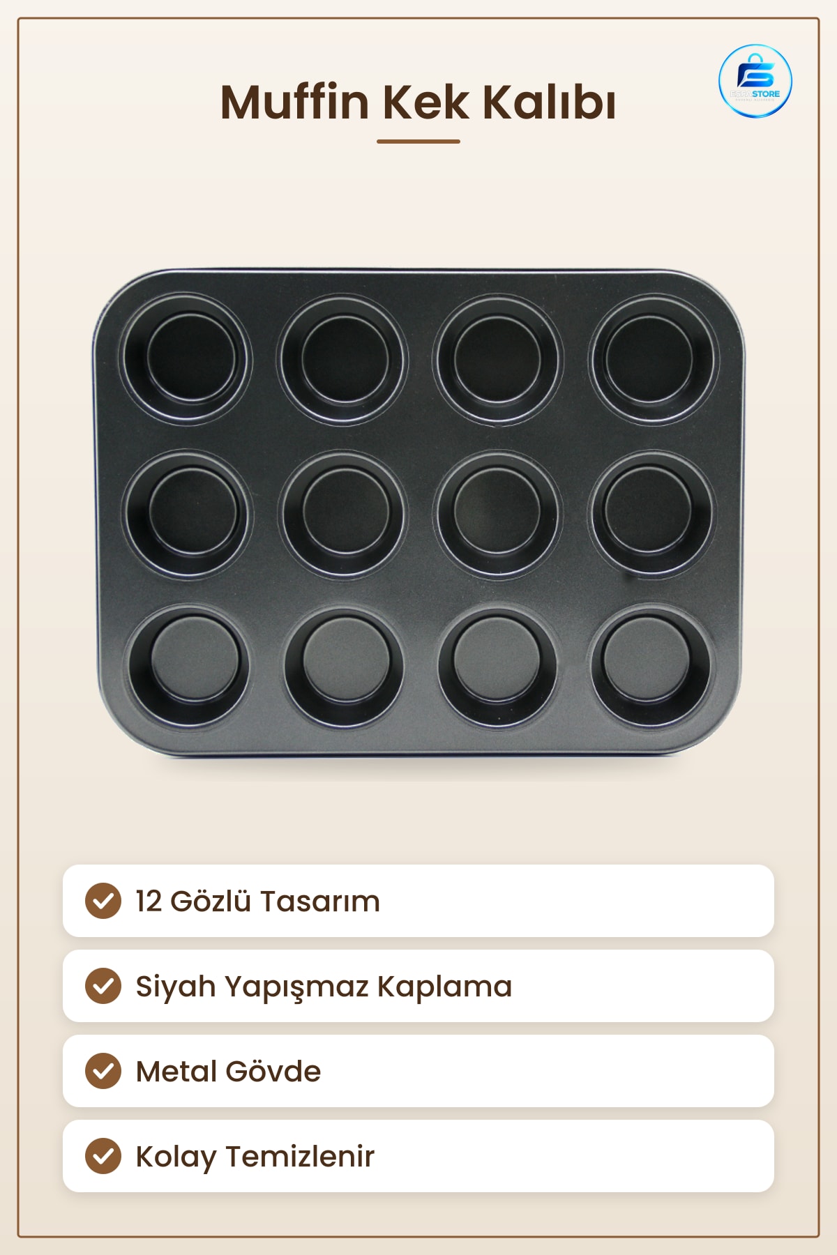 Metal Muffin Kek Kalıbı 12 Gözlü Siyah Yapışmaz Kaplama Fırın Cupcake Tepsisi Mutfak