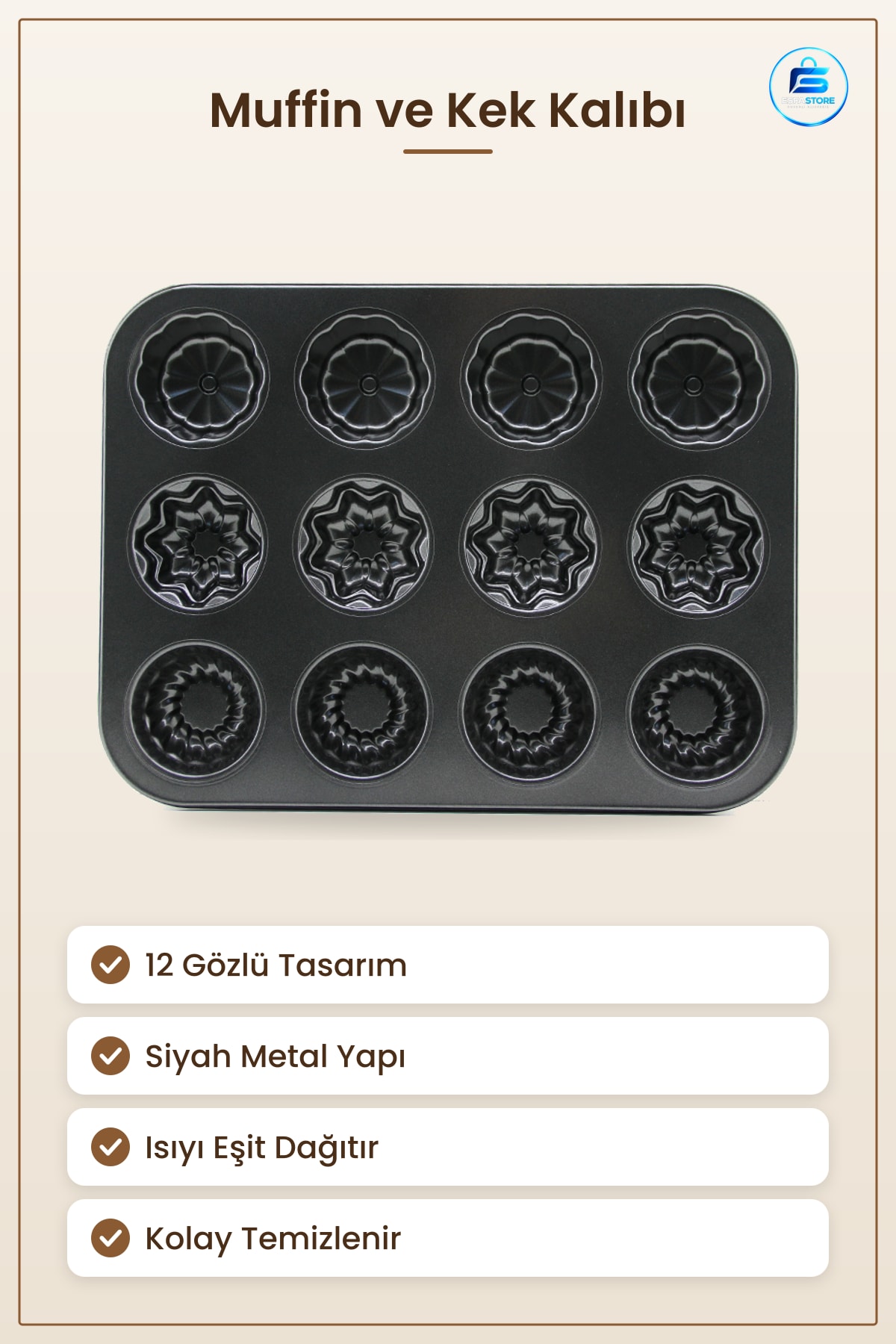 Muffin ve Kek Kalıbı 12 Gözlü Metal Siyah Fırın Cupcake Pişirme Tepsisi Mutfak Ev Profesyonel