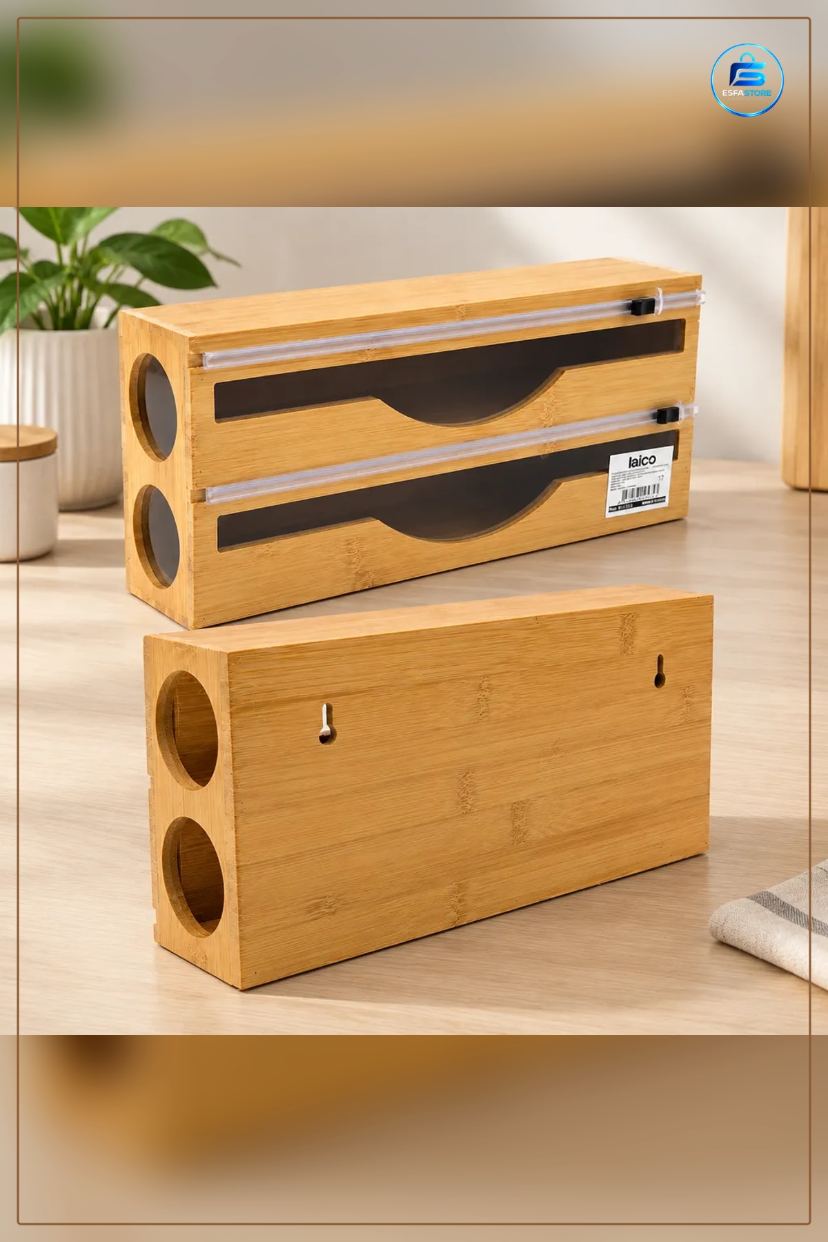 Bambu Ahşap Streç ve Folyo Dispenseri Havluluk Kesici Kanallı Mutfak Rulo Tutucu 2 in 1 Organizer