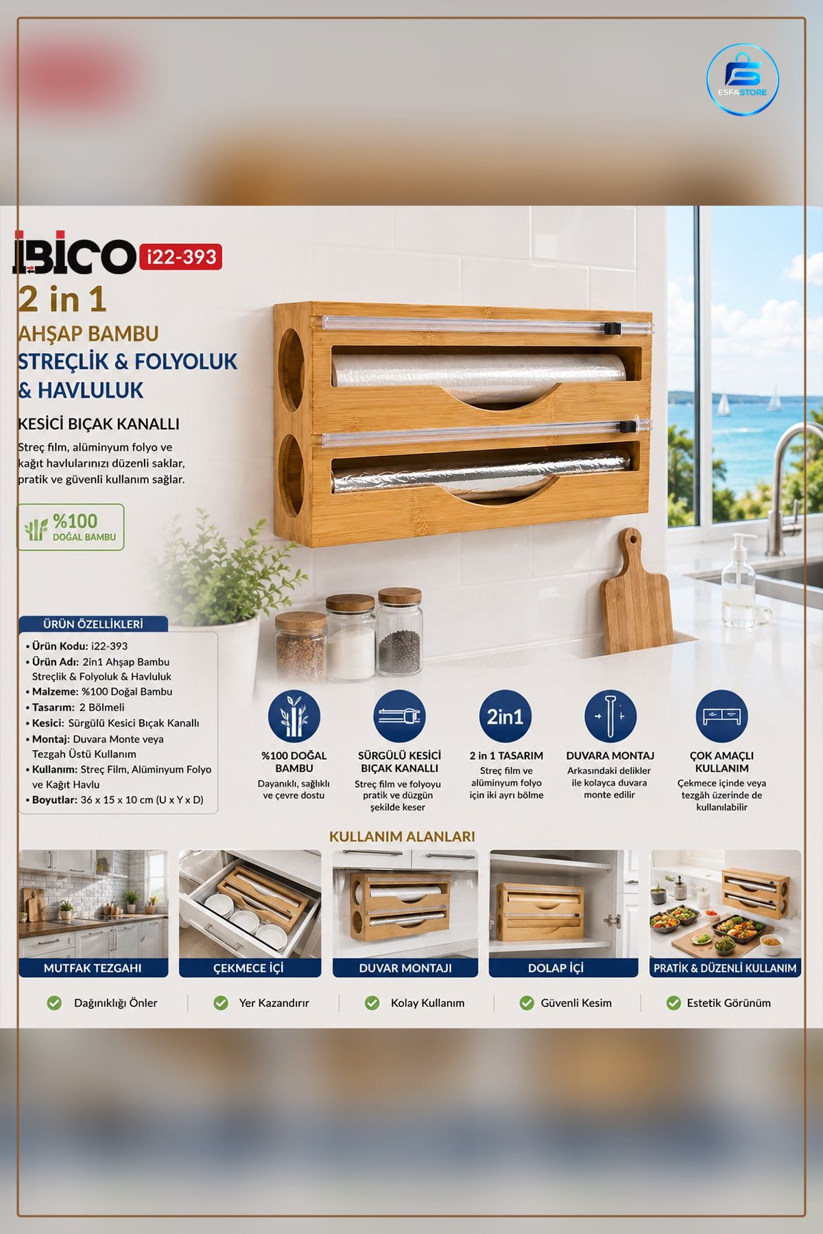 Bambu Ahşap Streç ve Folyo Dispenseri Havluluk Kesici Kanallı Mutfak Rulo Tutucu 2 in 1 Organizer