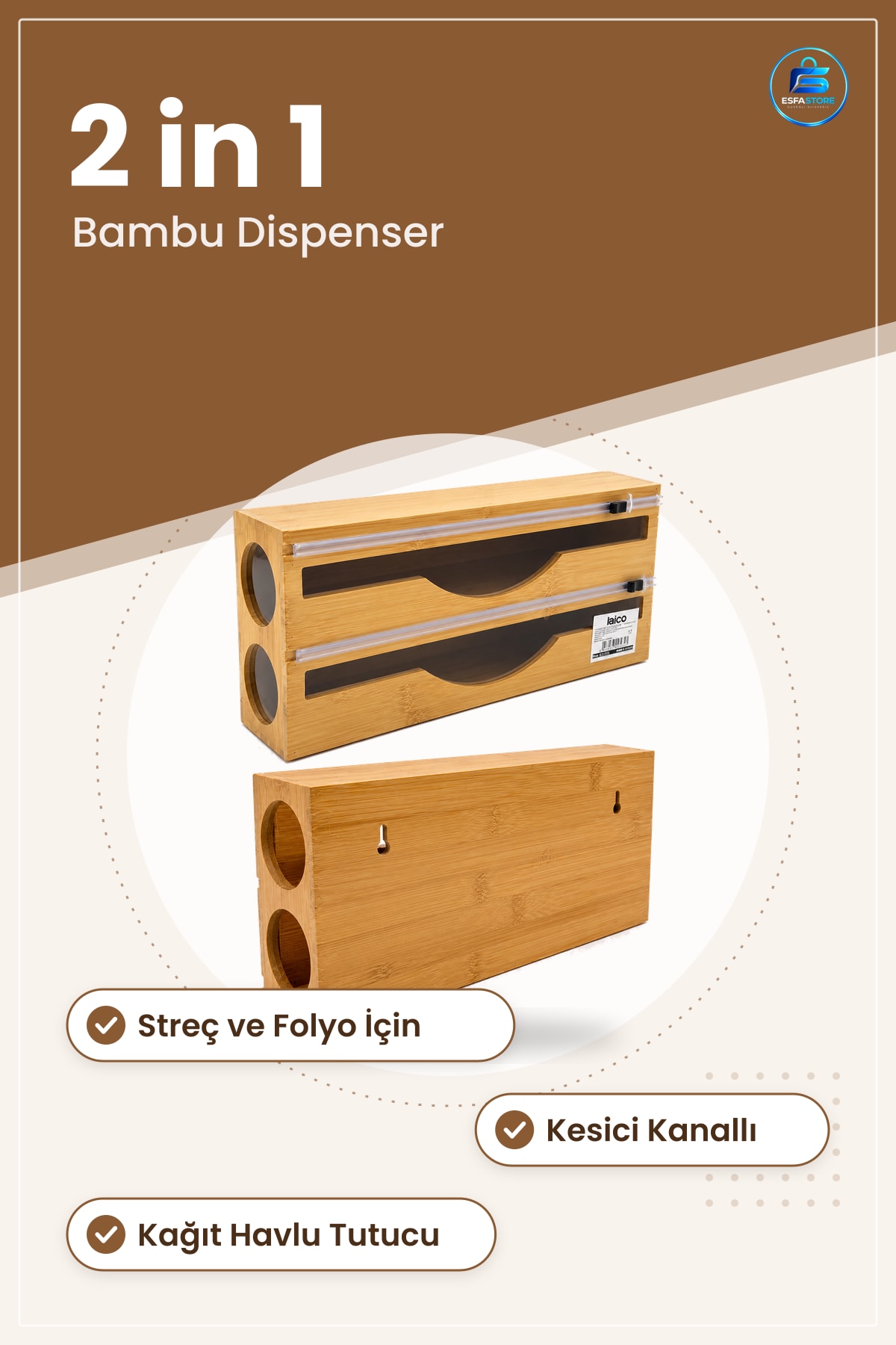 Bambu Ahşap Streç ve Folyo Dispenseri Havluluk Kesici Kanallı Mutfak Rulo Tutucu 2 in 1 Organizer