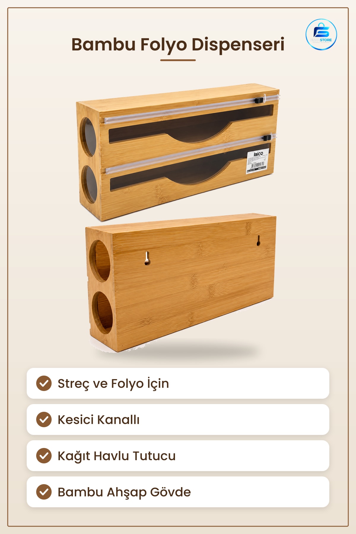 Bambu Ahşap Streç ve Folyo Dispenseri Havluluk Kesici Kanallı Mutfak Rulo Tutucu 2 in 1 Organizer