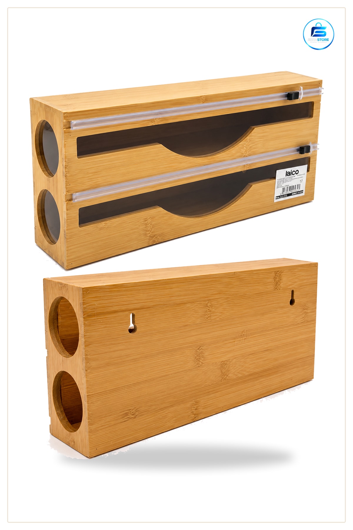 Bambu Ahşap Streç ve Folyo Dispenseri Havluluk Kesici Kanallı Mutfak Rulo Tutucu 2 in 1 Organizer