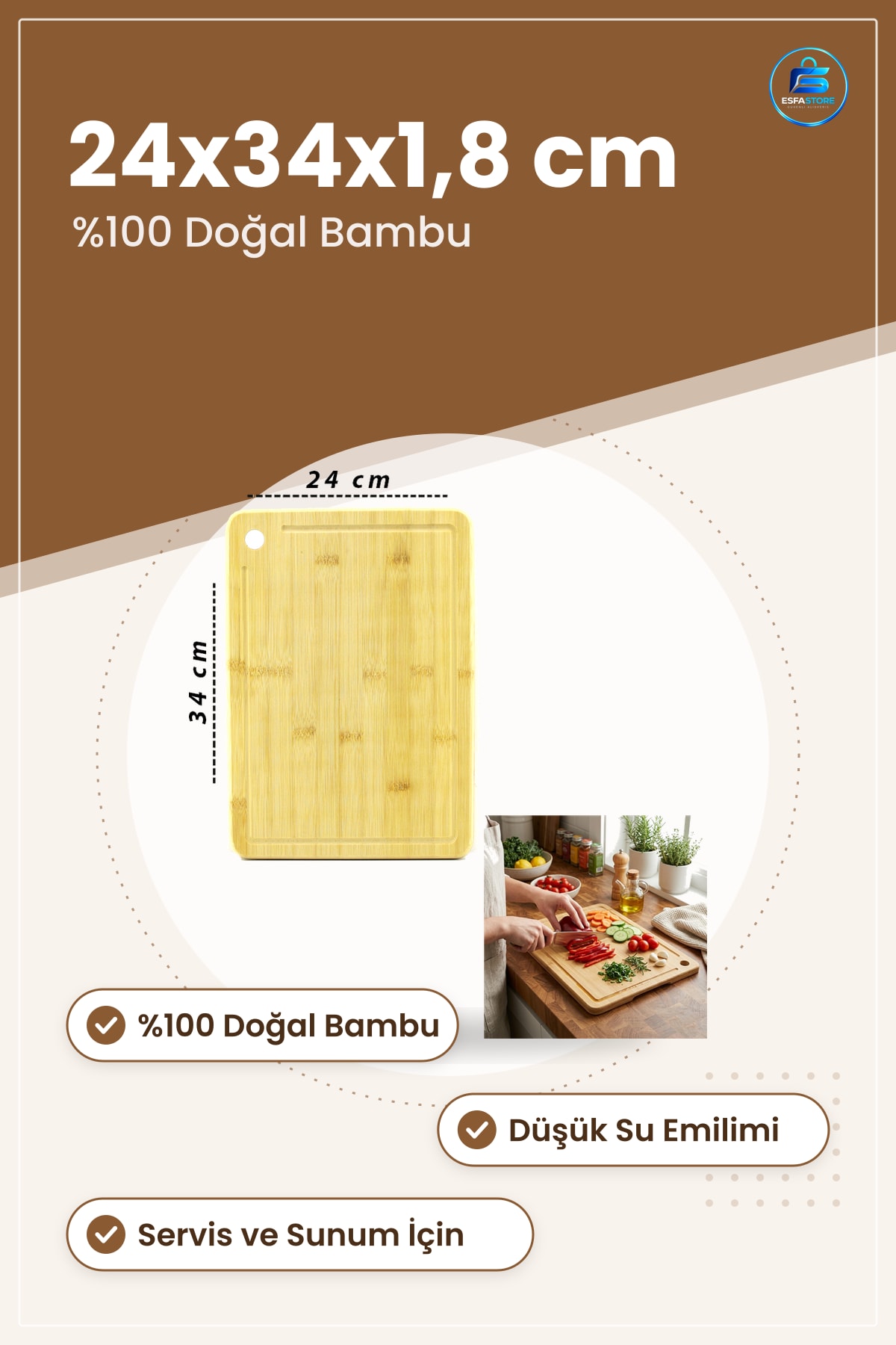 Bambu Kesme Tahtası 24x34x1,8 cm Mutfak Et Sebze Meyve Peynir Doğrama Servis Sunum Hijyenik