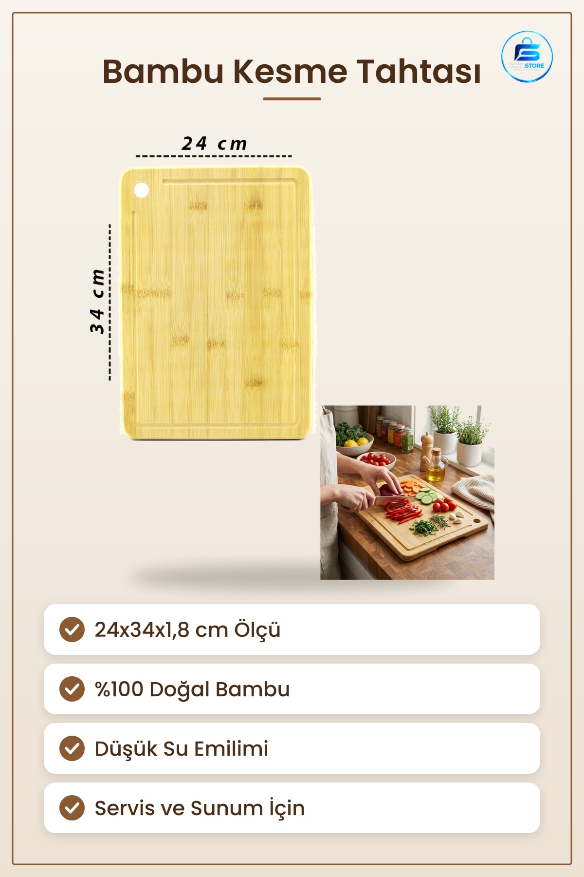 Bambu Kesme Tahtası 24x34x1,8 cm Mutfak Et Sebze Meyve Peynir Doğrama Servis Sunum Hijyenik