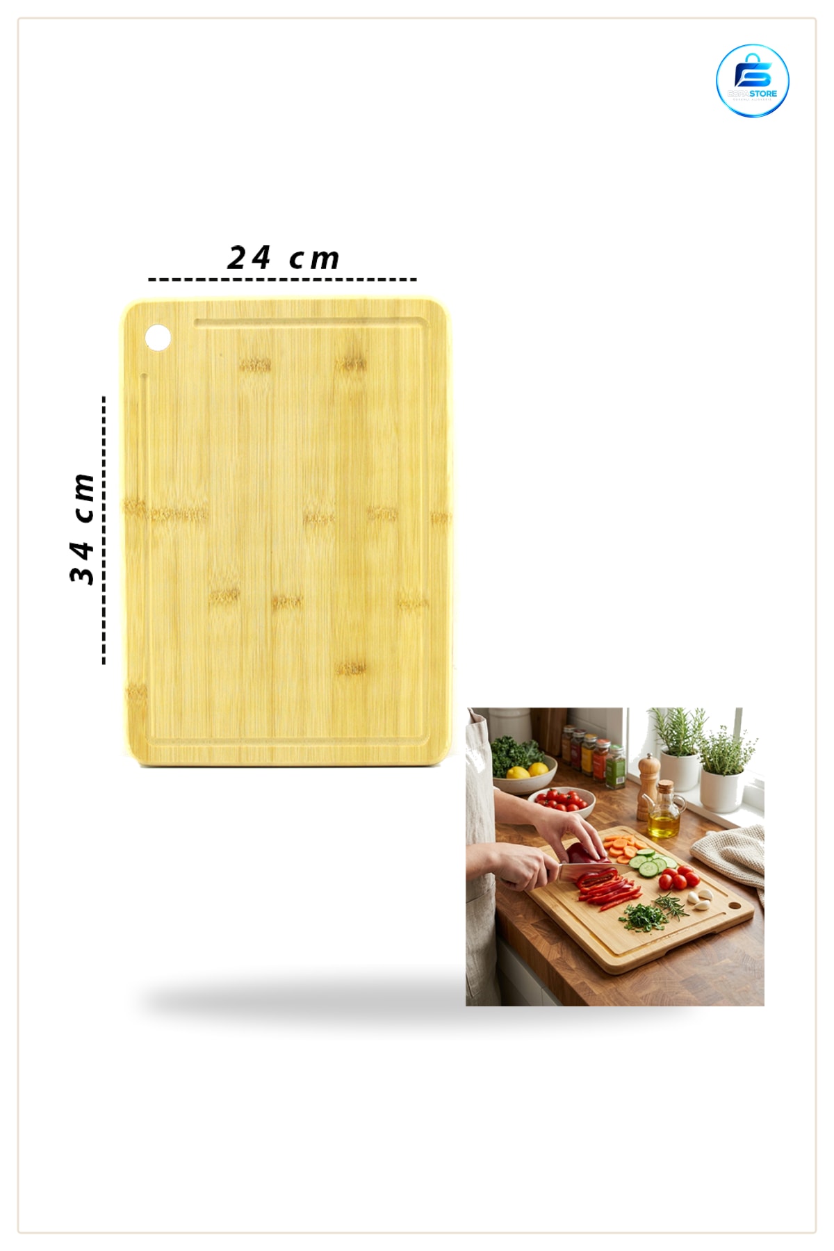 Bambu Kesme Tahtası 24x34x1,8 cm Mutfak Et Sebze Meyve Peynir Doğrama Servis Sunum Hijyenik