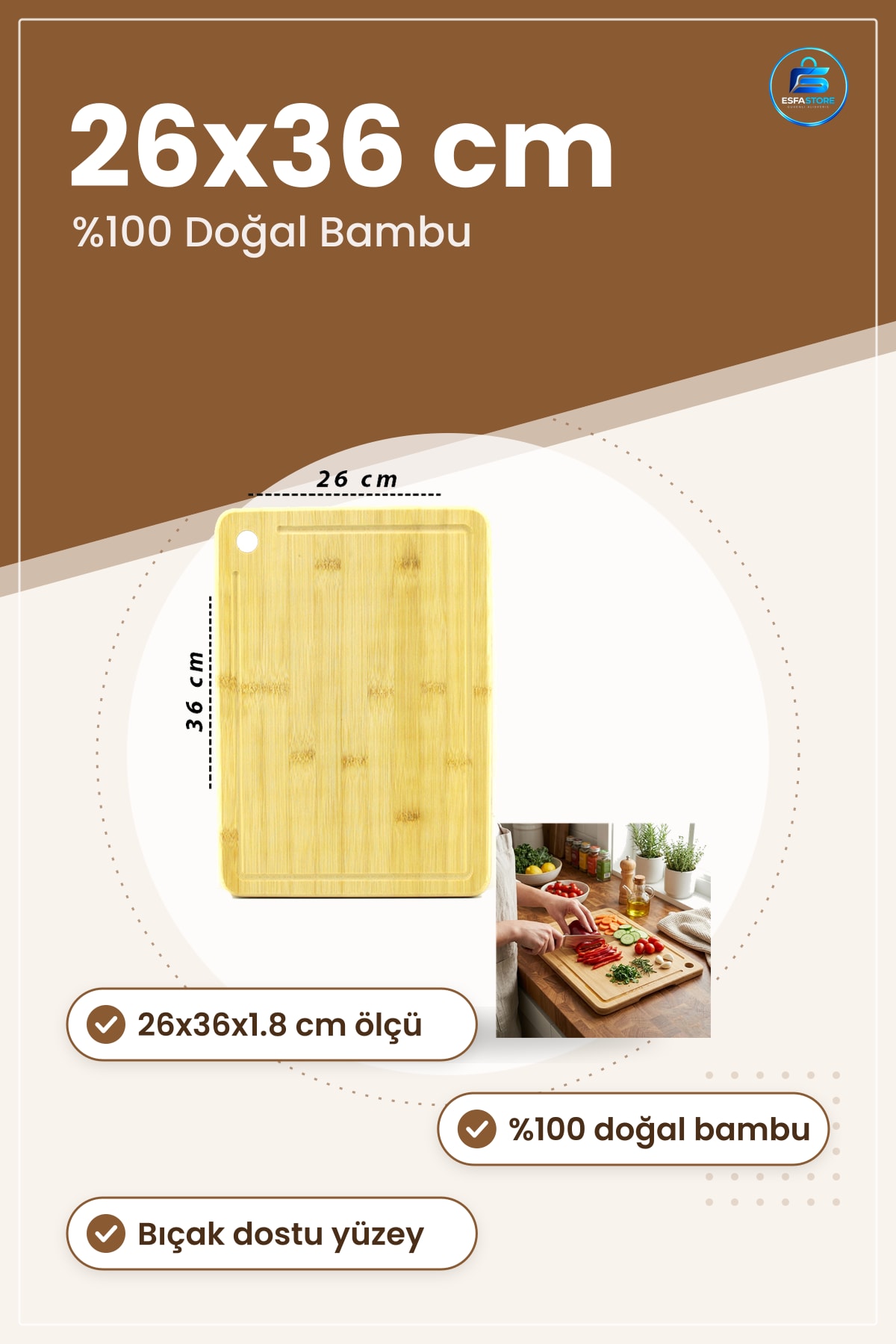 Bambu Kesme Tahtası 26x36x1.8 cm Mutfak İçin Doğal Dayanıklı Bıçak Dostu Geniş Yüzey Servis